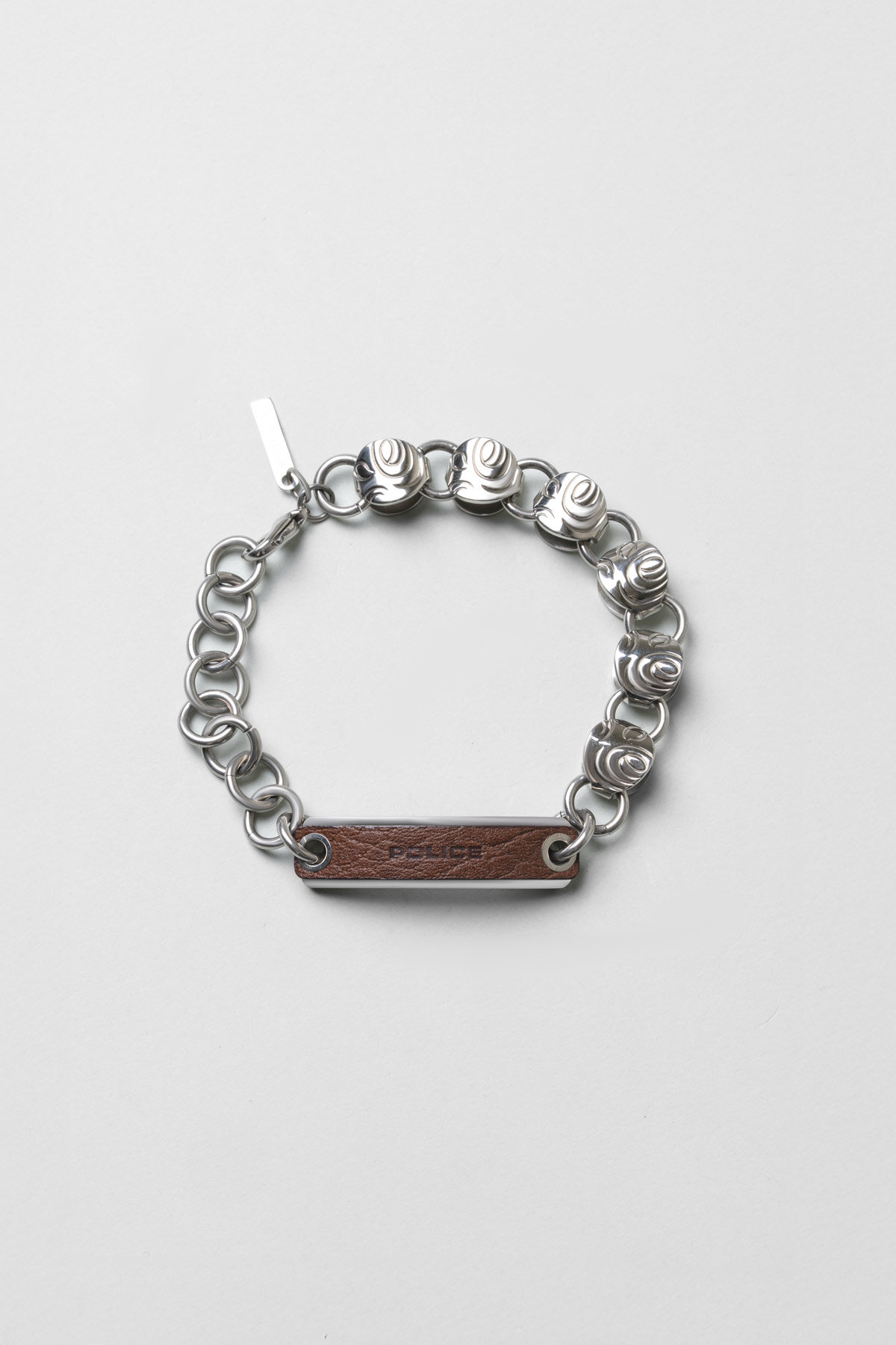 Kahverengi Deri Detaylı 18 Ayar Beyaz Altın Kaplama Erkek Çelik Bileklik