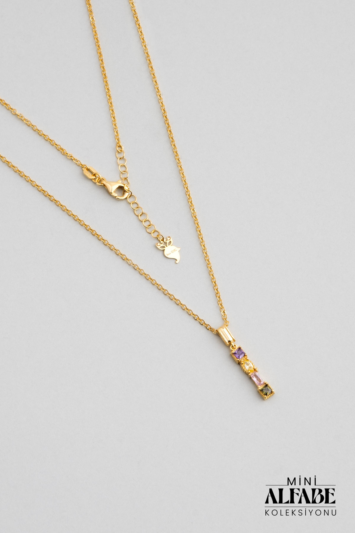  Mini Letter I Daylight Colored 18K Yellow Gold Plated Silver Necklace