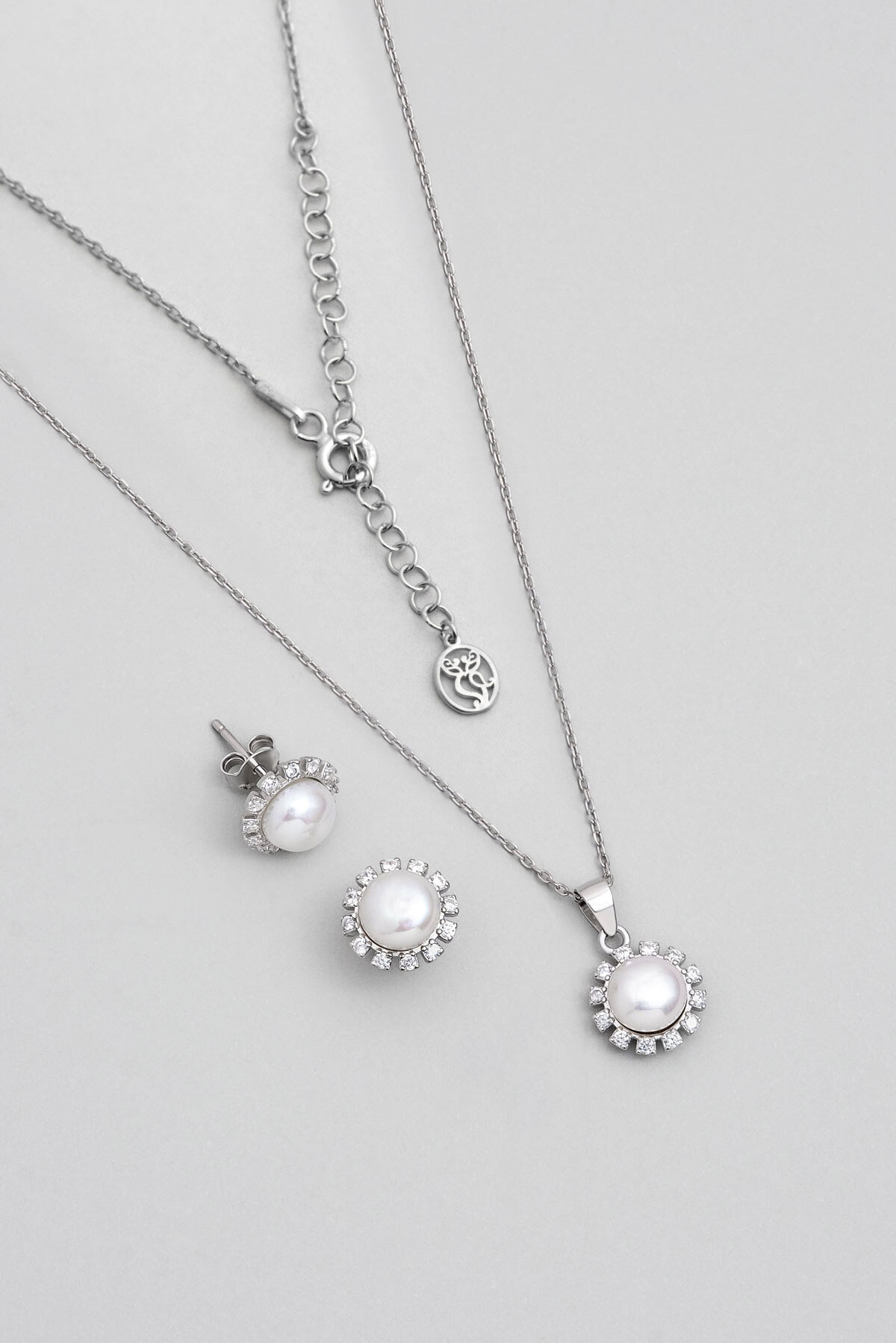 İnci Çiçeği 18 Ayar Beyaz Altın Kaplama Gümüş Seti