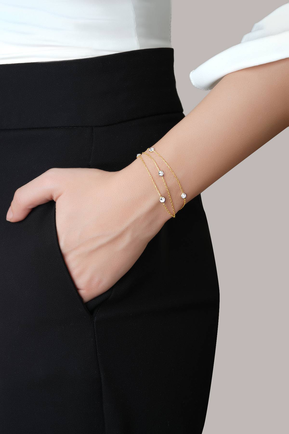 Zirkon Taşlı 18 Ayar Sarı Altın Kaplama 19 Cm Üç Sıra Gümüş Bileklik 1001630144_3