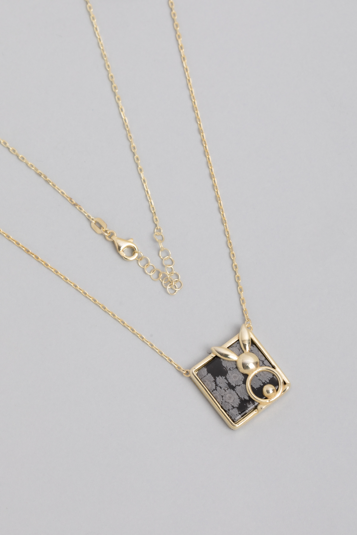18K Yellow Gold Plated Silver Rabbit Necklace with Dalmatian Stone