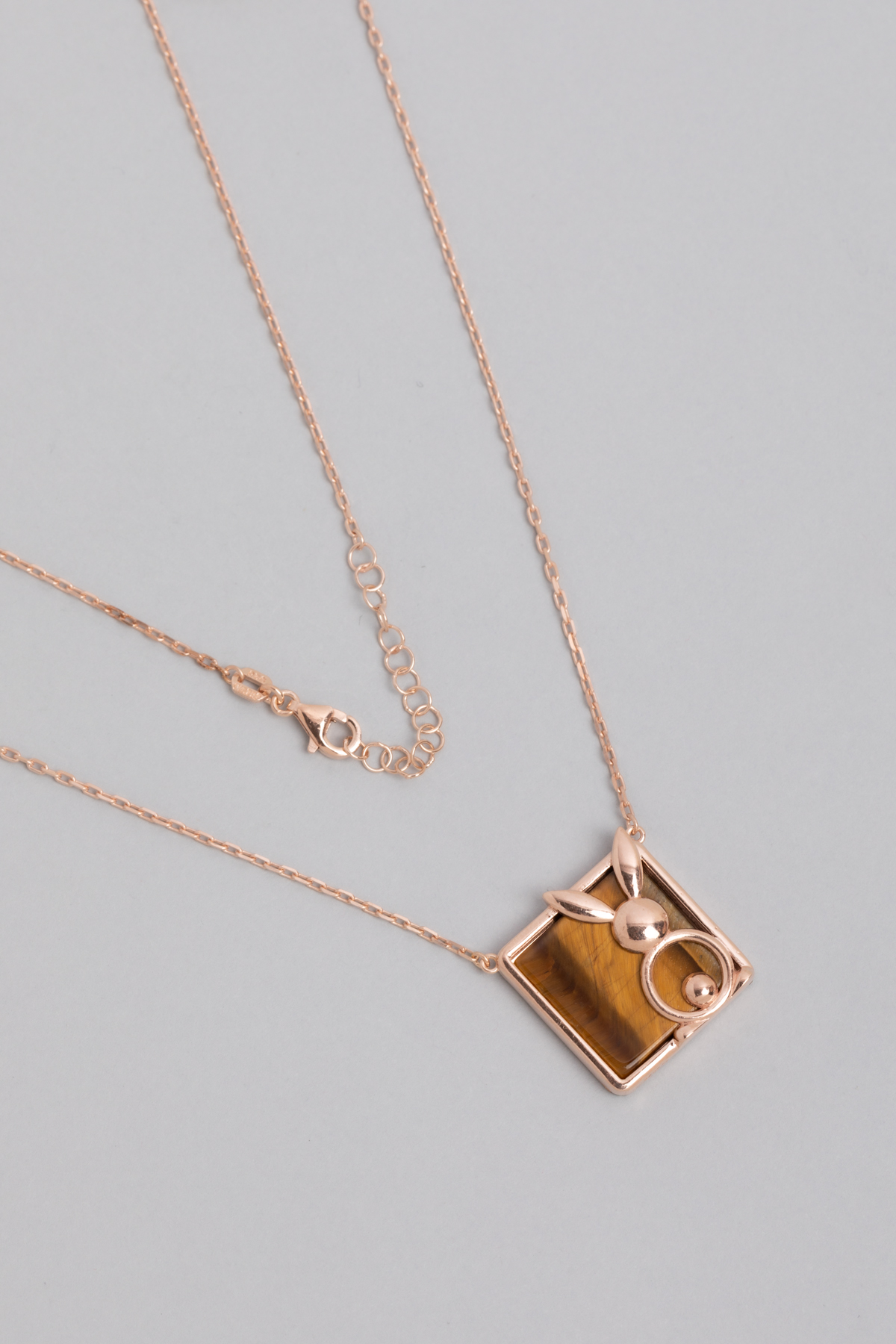 18K Rose Gold Plated Silver Rabbit Necklace with Tiger Eye Stone