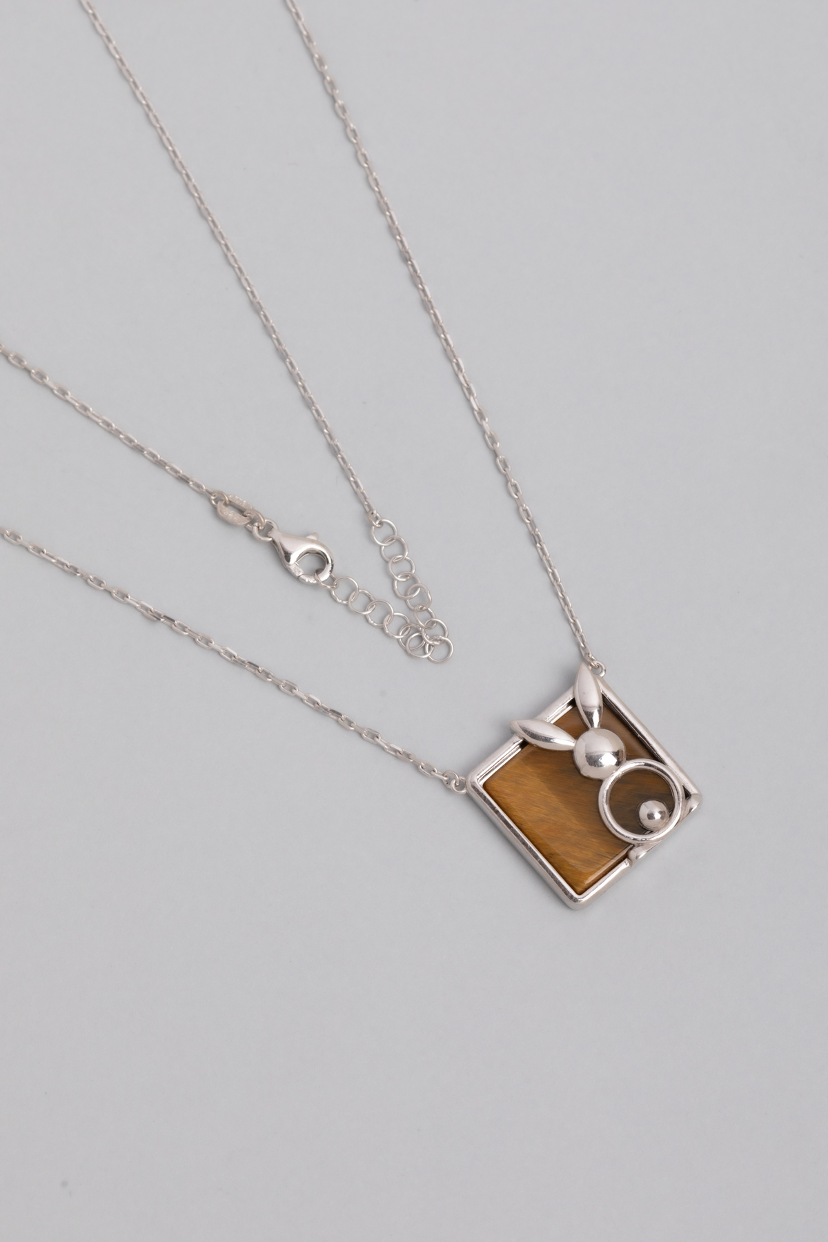 18K White Gold Plated Silver Rabbit Necklace with Tiger Eye Stone