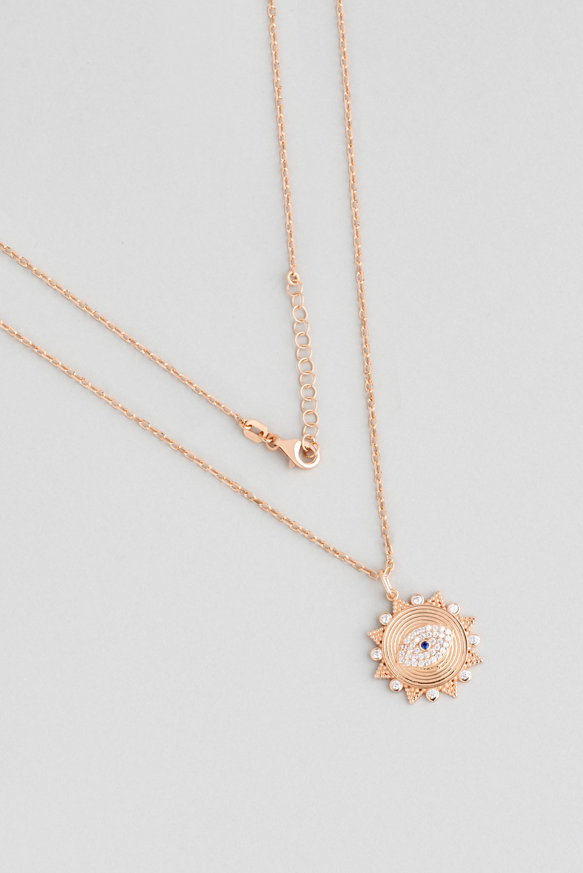Evil Eye and Sun of Luck 18 Karat Rose Gold Plated Silver Minimal Necklace