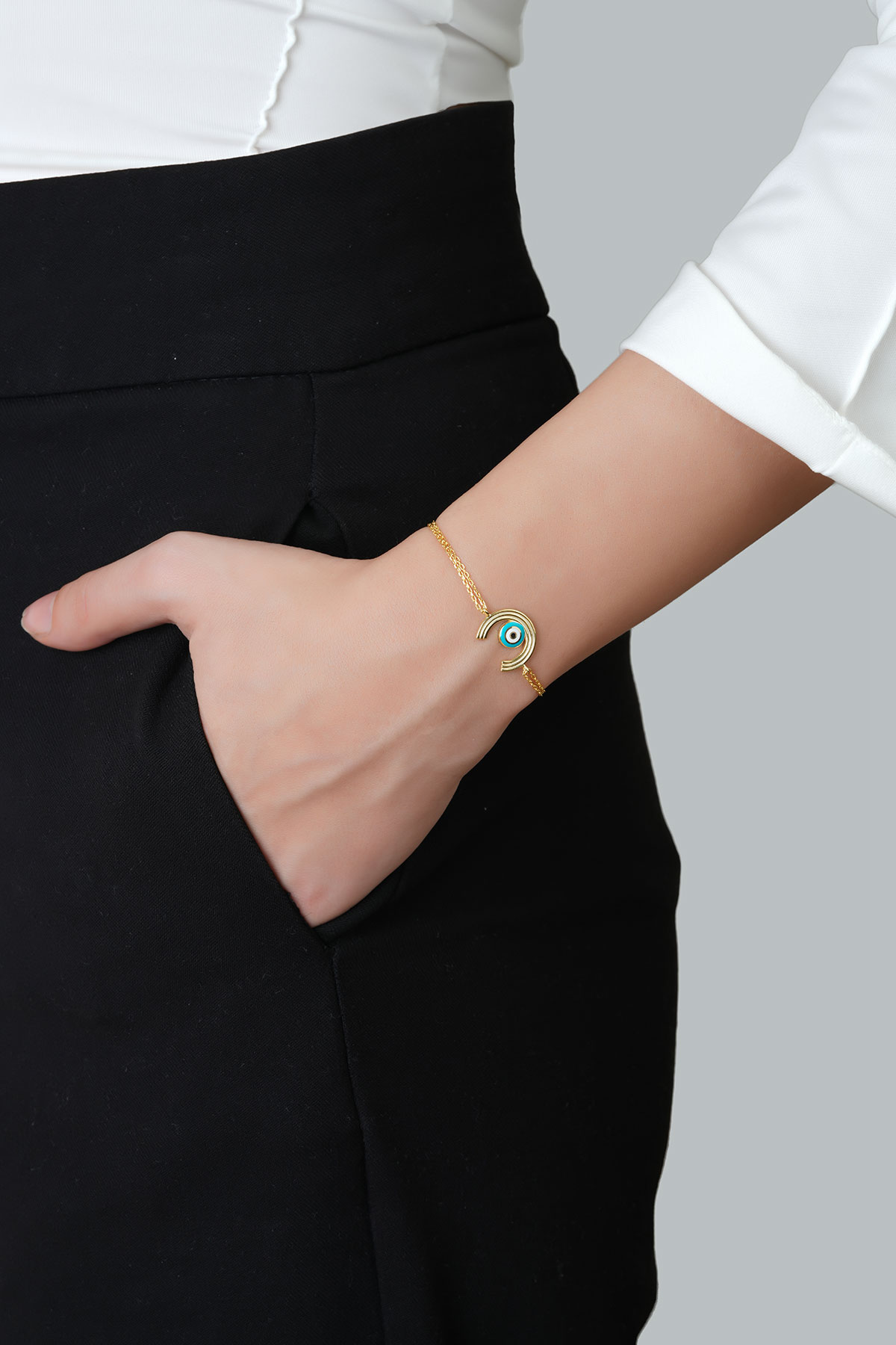Minimal Nazar 18 Ayar Sarı Altın Kaplama 19 Cm Gümüş Bileklik 1092730544_3