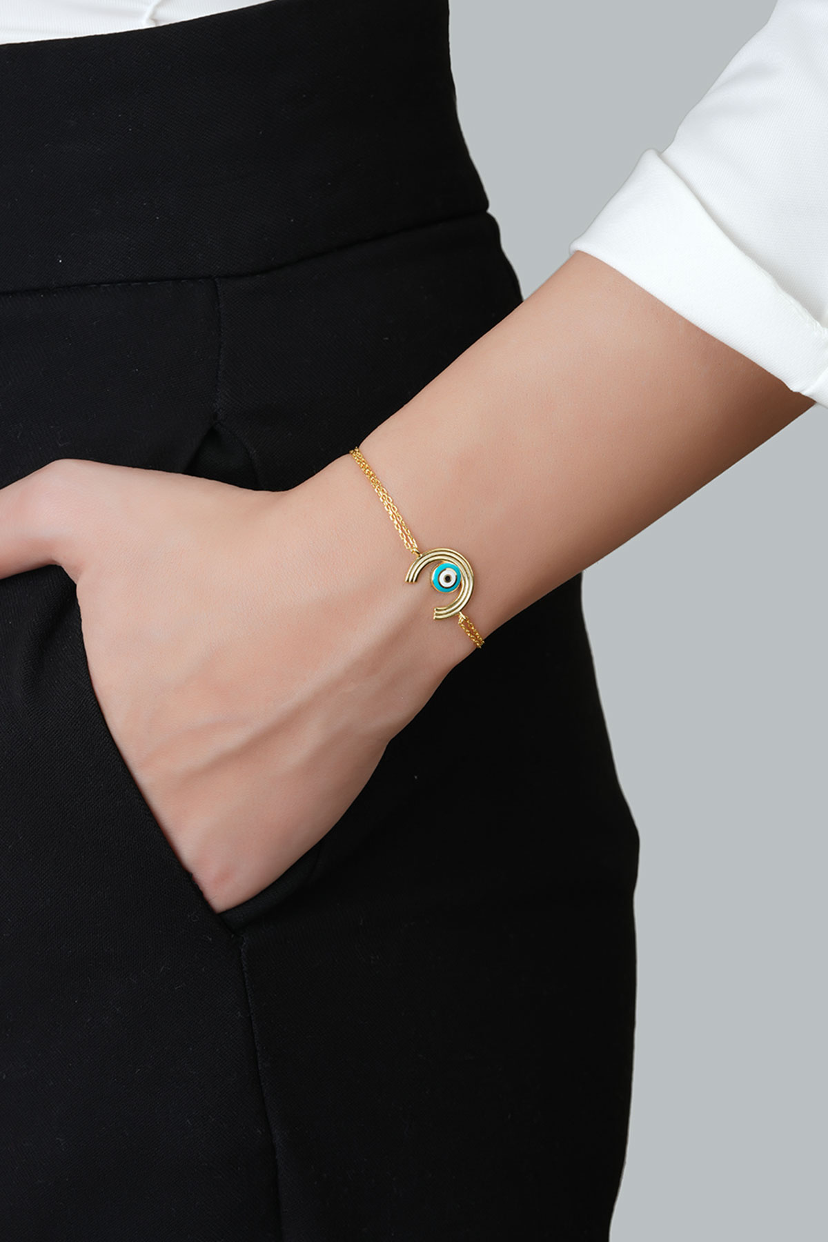 Minimal Nazar 18 Ayar Sarı Altın Kaplama 19 Cm Gümüş Bileklik 1092730544_1