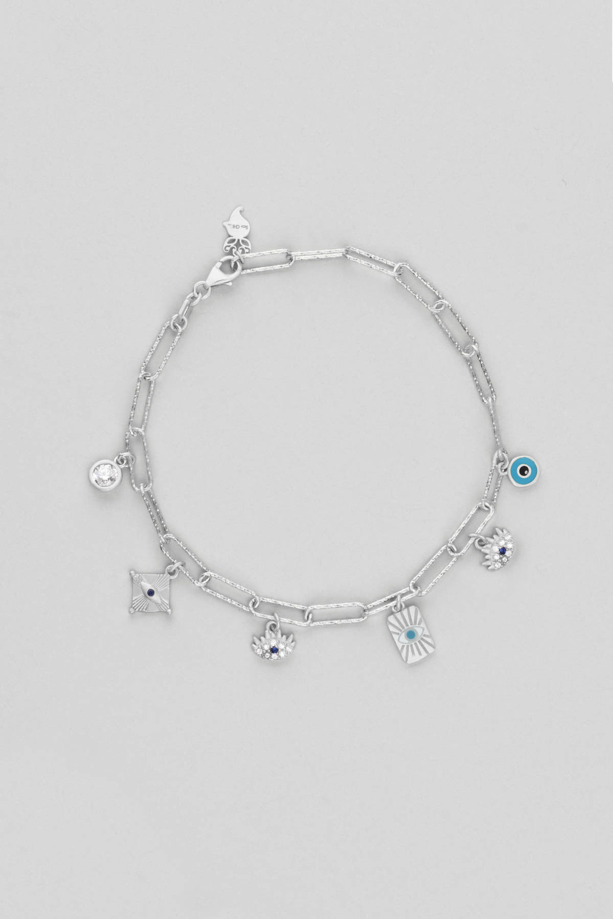 18 Karat White Gold Plated Silver Chain Bracelet with Evil Eye Icon