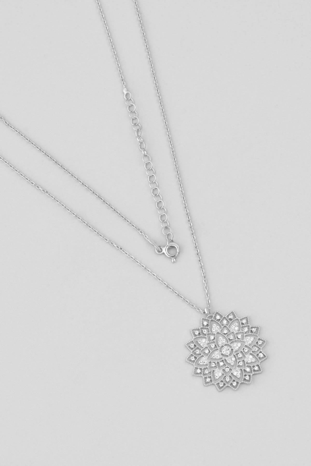 Mandala Desing 18K White Gold Plated Silver Necklace