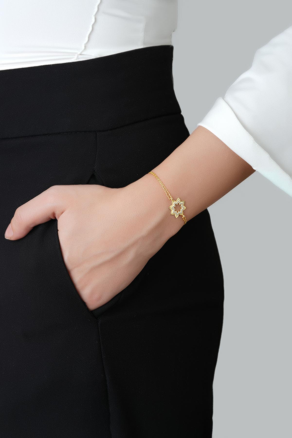Şans Çiçeği 18 Ayar Sarı Altın Kaplama 20 Cm Gümüş Bileklik 1118440144_3