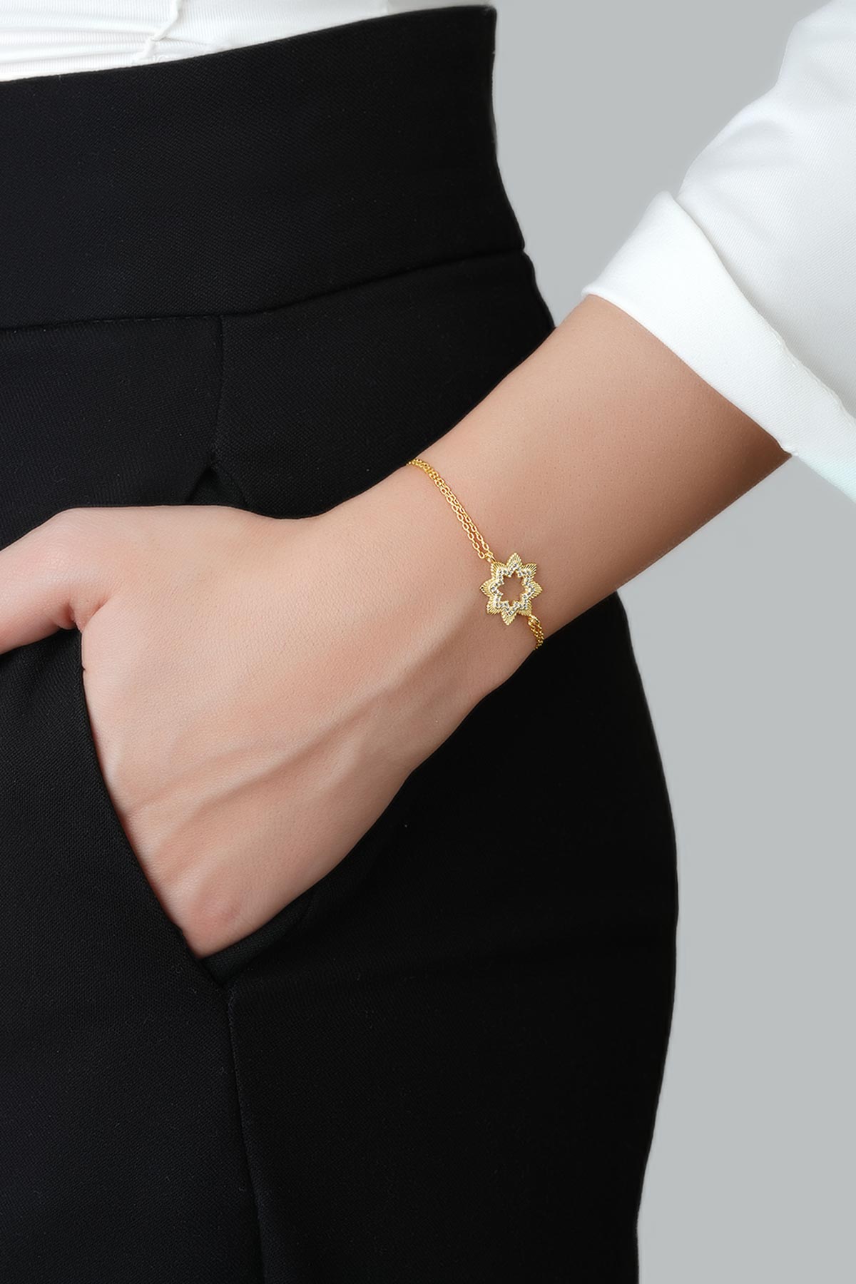 Şans Çiçeği 18 Ayar Sarı Altın Kaplama 20 Cm Gümüş Bileklik 1118440144_1