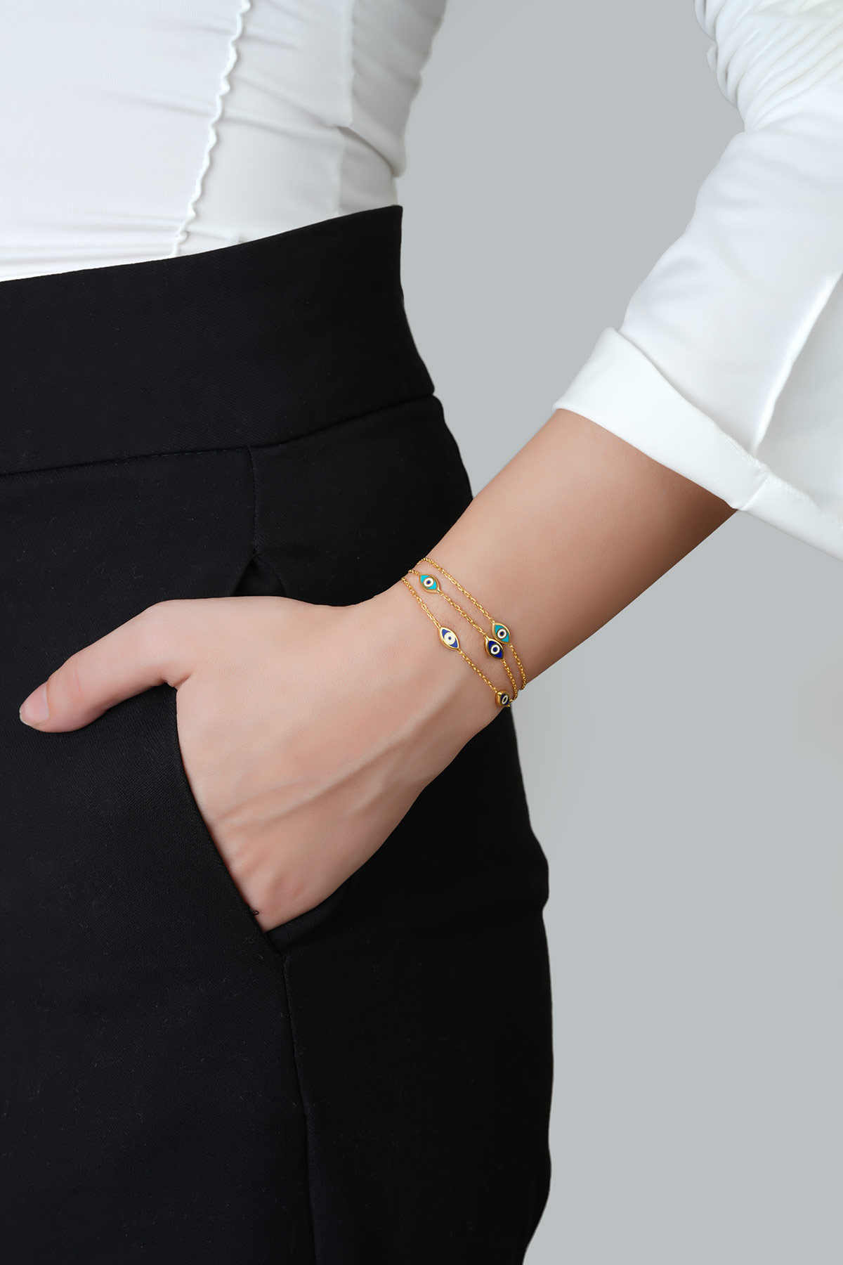 Nazar Figürlü 18 Ayar Sarı Altın Kaplama 19 Cm Gümüş Bileklik 1118745744_3