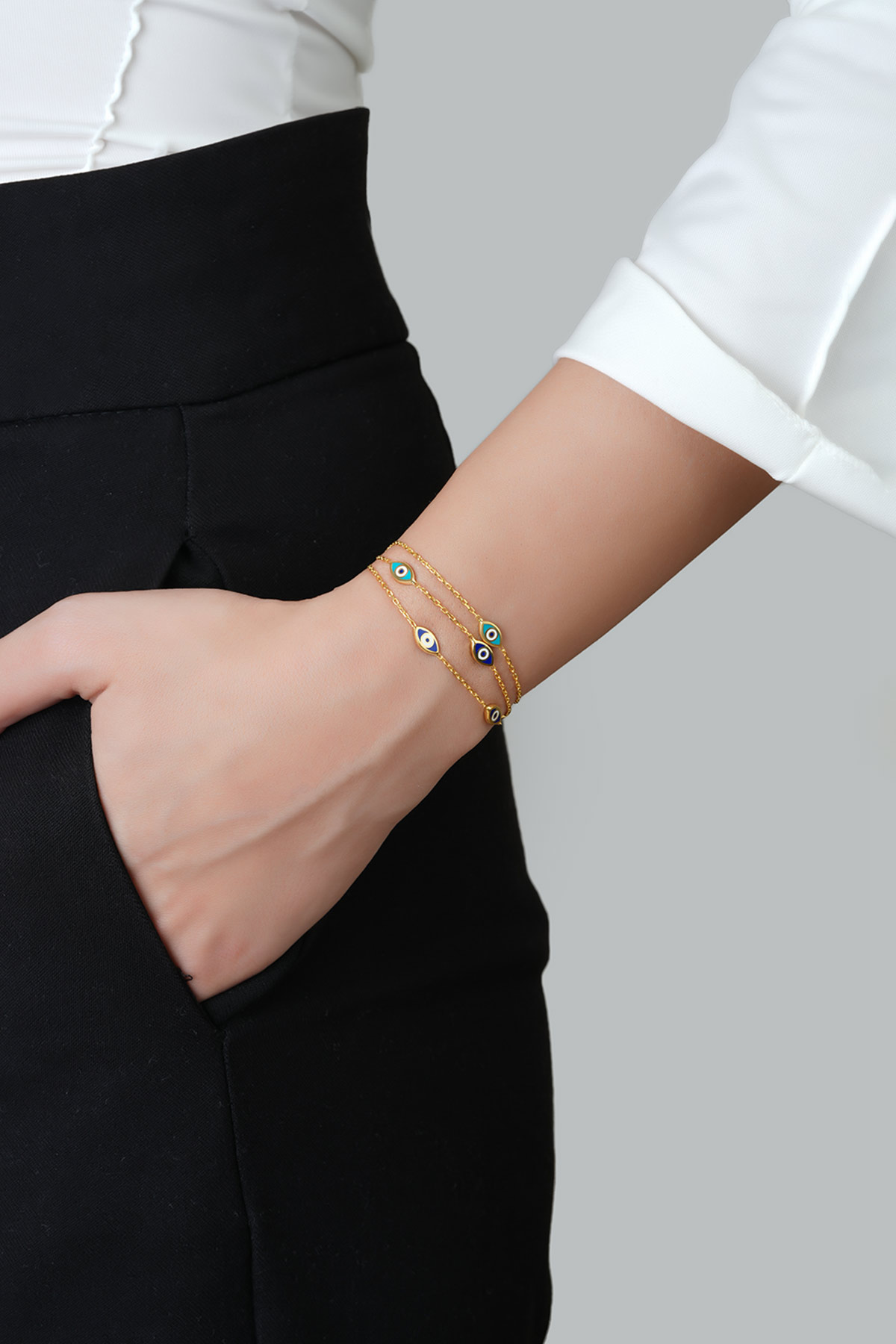 Nazar Figürlü 18 Ayar Sarı Altın Kaplama 19 Cm Gümüş Bileklik 1118745744_1