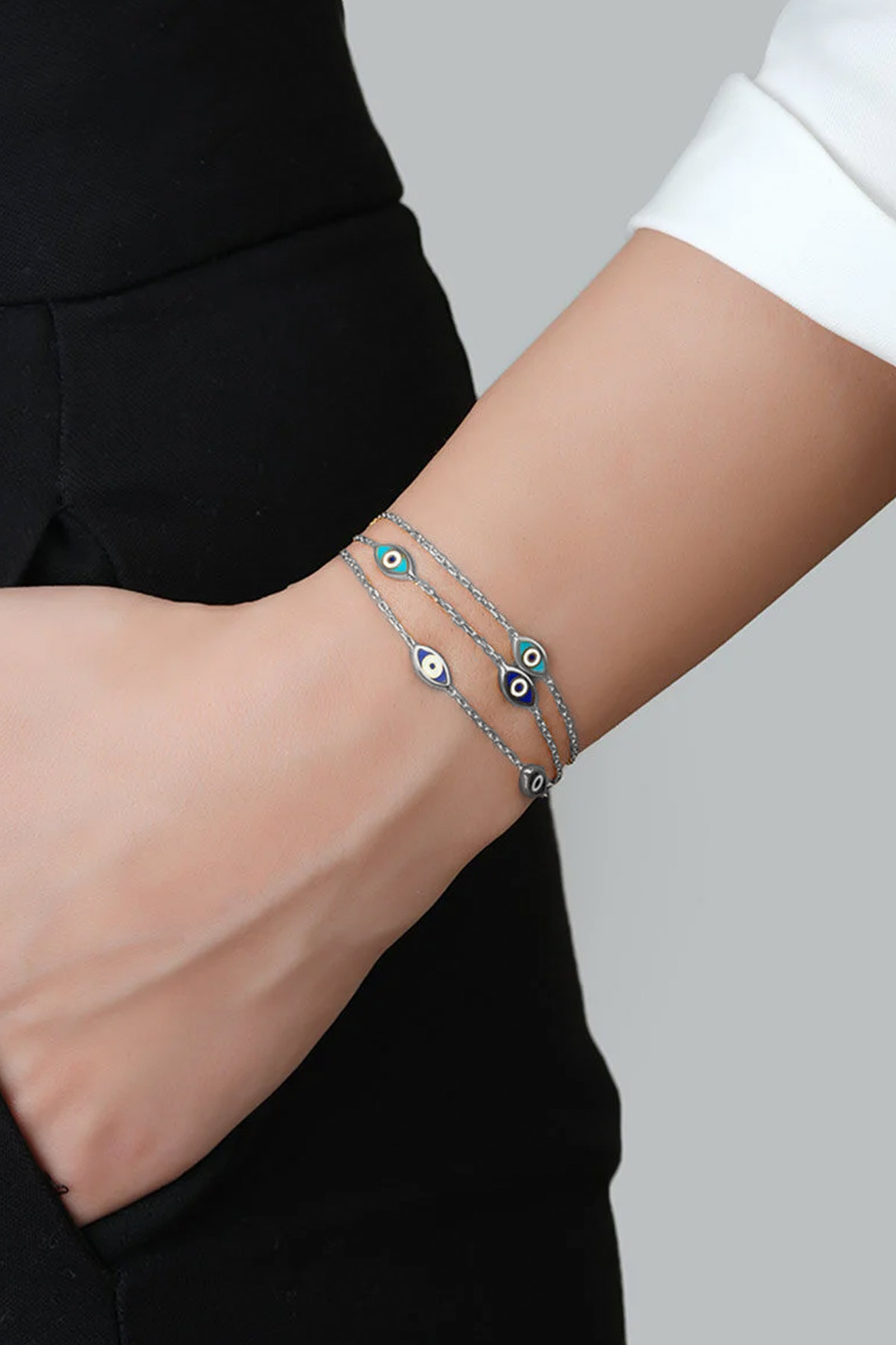 Nazar Figürlü 18 Ayar Beyaz Altın Kaplama 19 Cm Gümüş Bileklik 1118745799_1