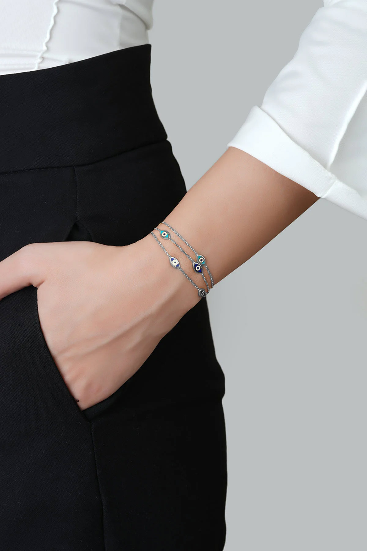 Nazar Figürlü 18 Ayar Beyaz Altın Kaplama 19 Cm Gümüş Bileklik 1118745799_3