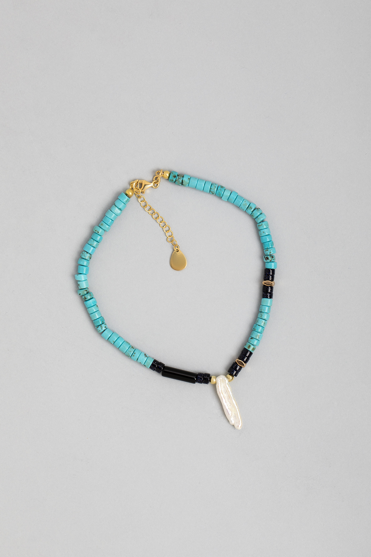 18 Carat Yellow Gold Plated  Silver Anklet with Turquoise and Pearl Stones