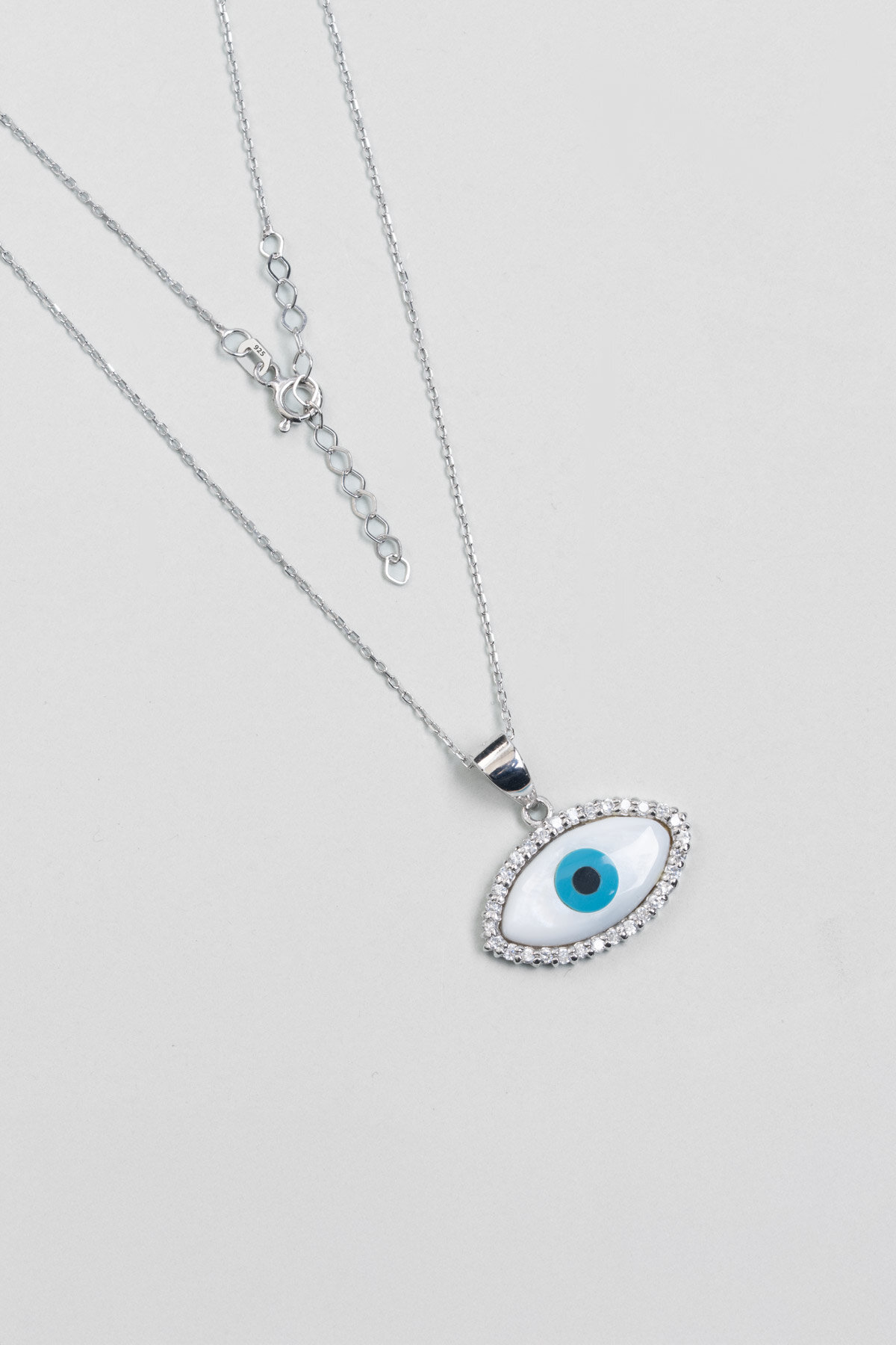 Nazar Tılsımı 18 Ayar Beyaz Altın Kaplama 44 Cm Gümüş Kolye