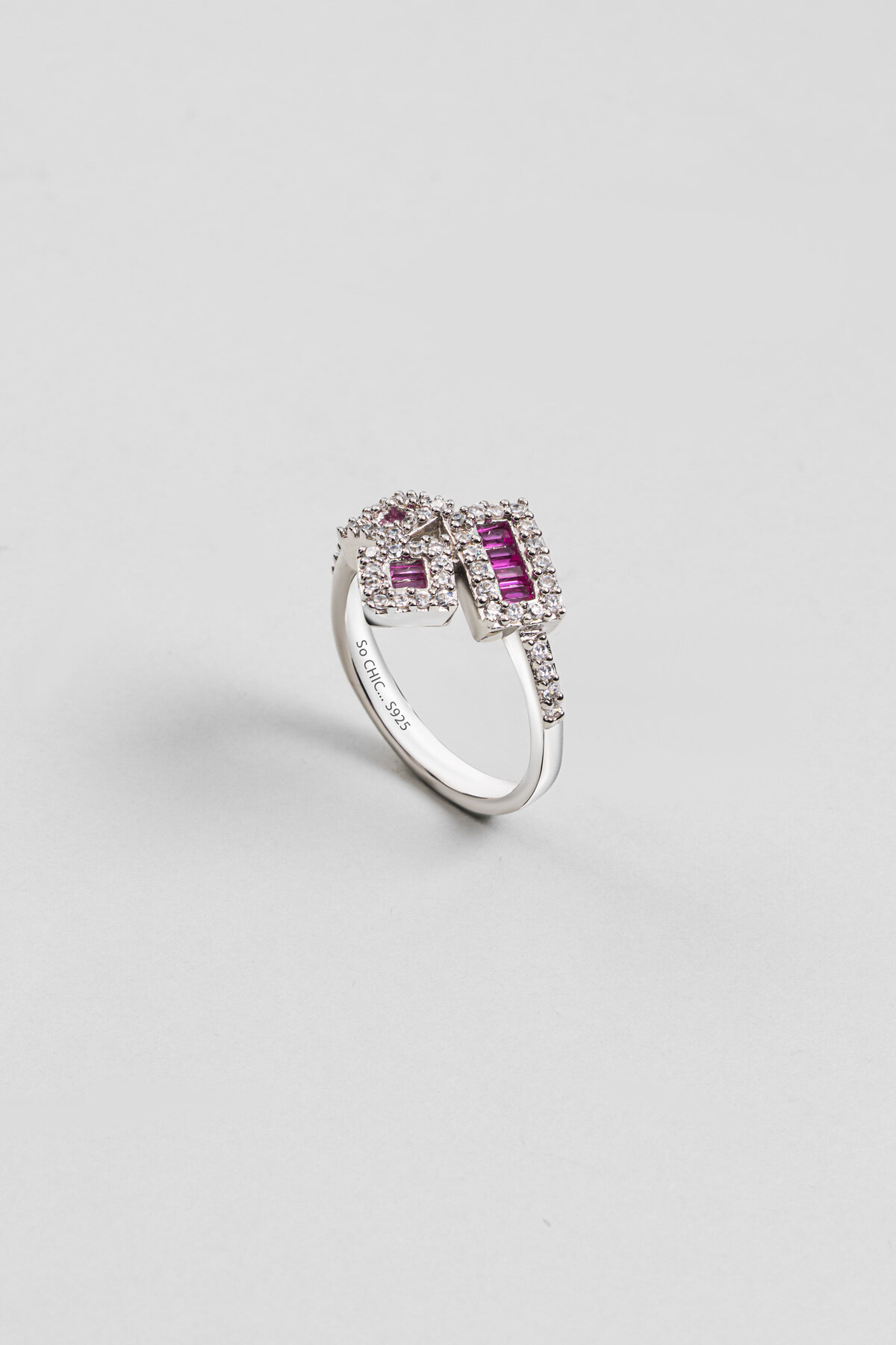 Geometrik Fuşya 18 Ayar Beyaz Altın Kaplama Gümüş Yüzük