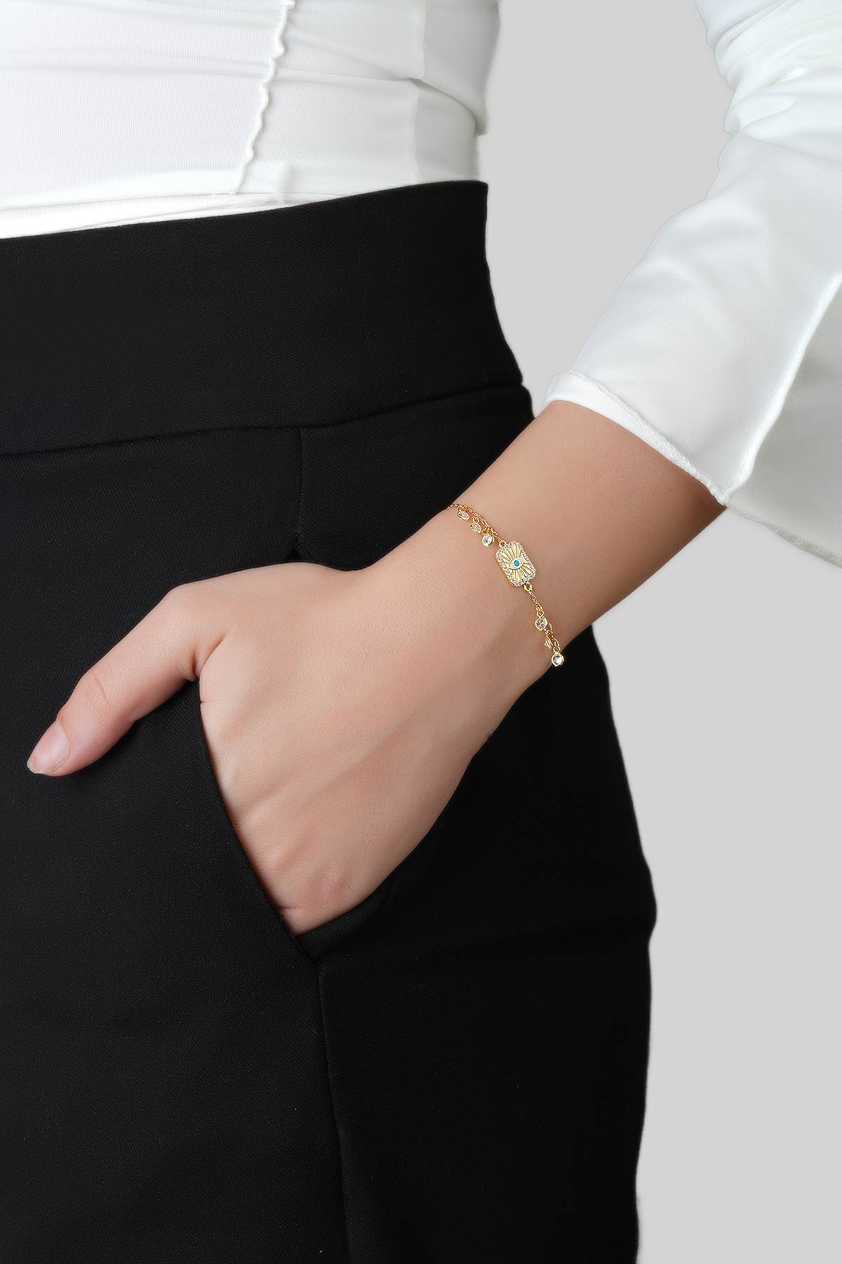 Ra'nın Gözü 18 Ayar Sarı Altın Kaplama 19 Cm Gümüş Bileklik 1154280544_3