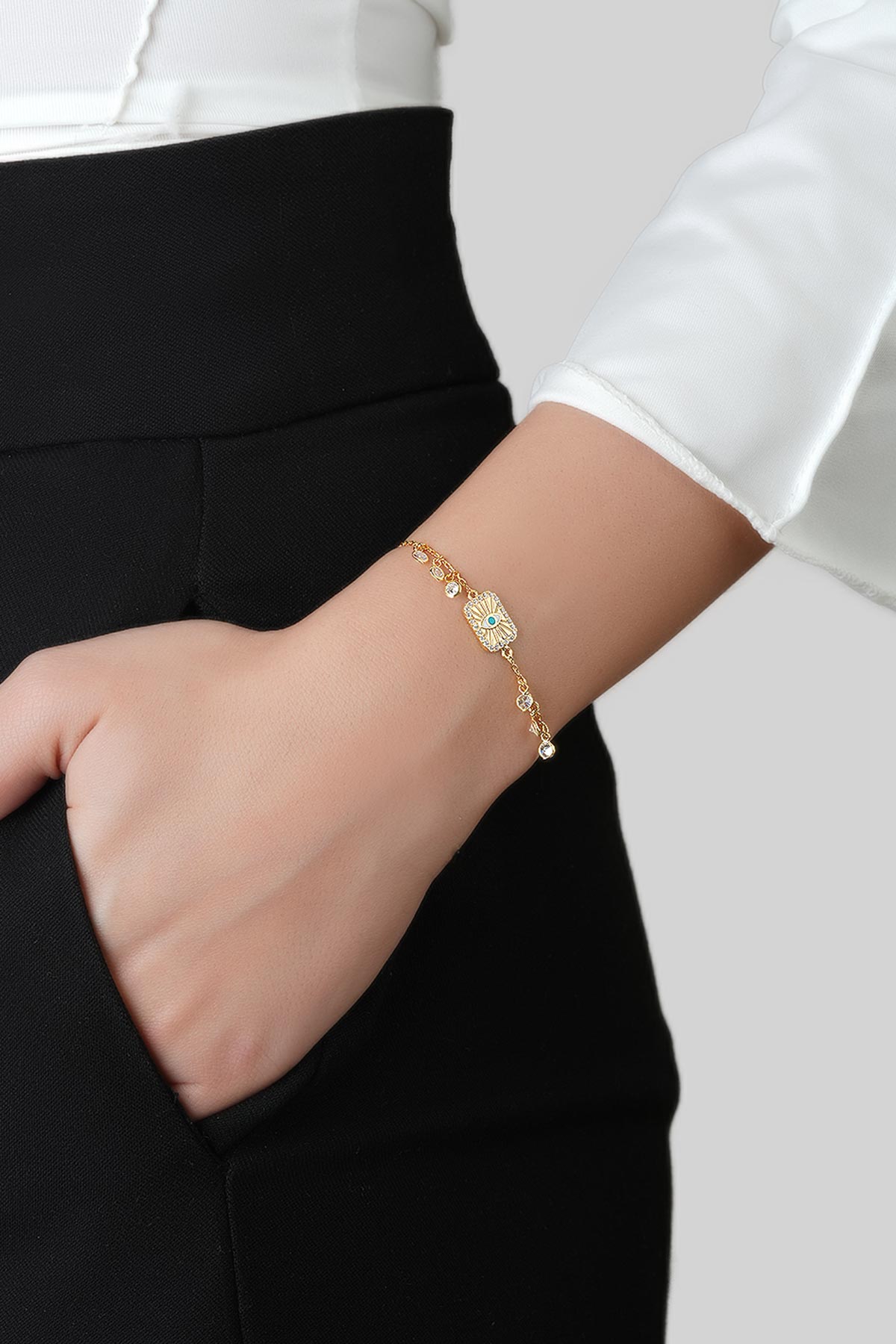 Ra'nın Gözü 18 Ayar Sarı Altın Kaplama 19 Cm Gümüş Bileklik 1154280544_1