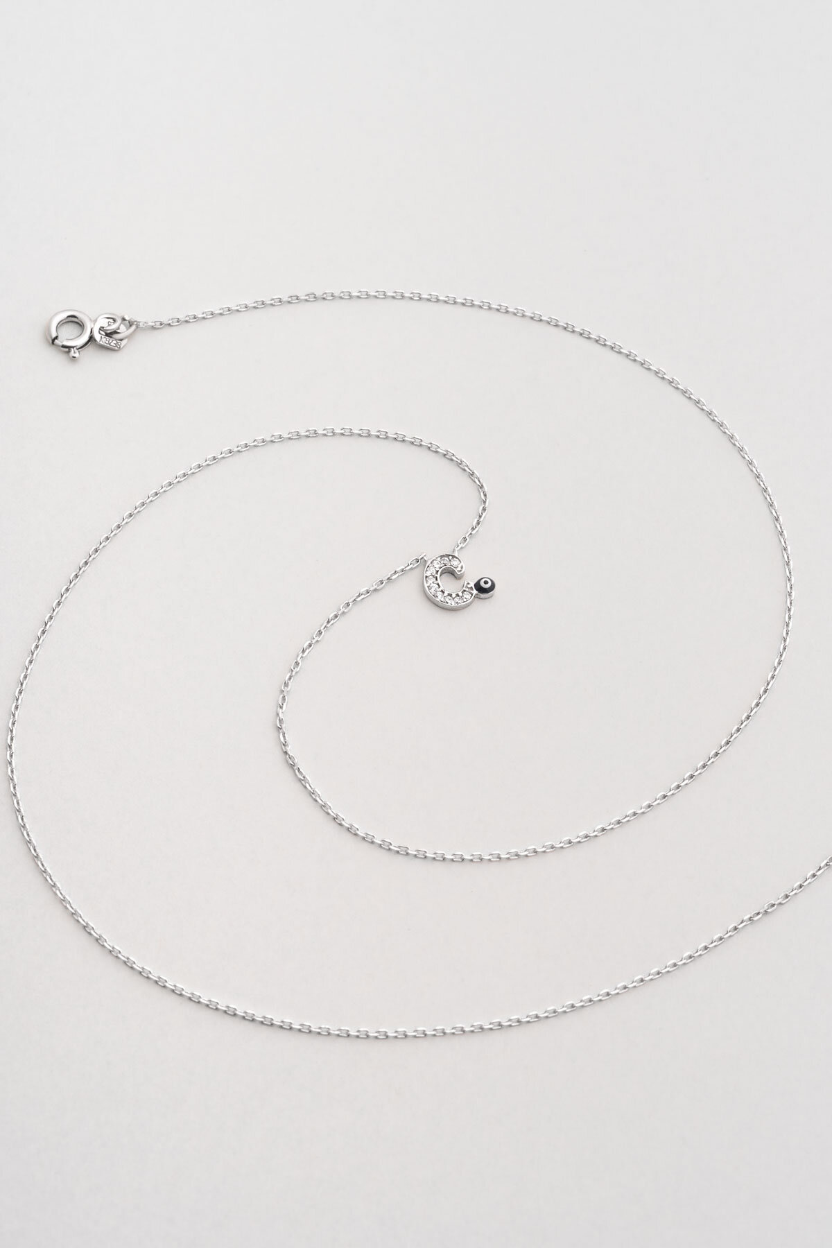 Ç Harfi 18 Ayar Beyaz Altın Kaplama 45 Cm Gümüş Nazar Kolye