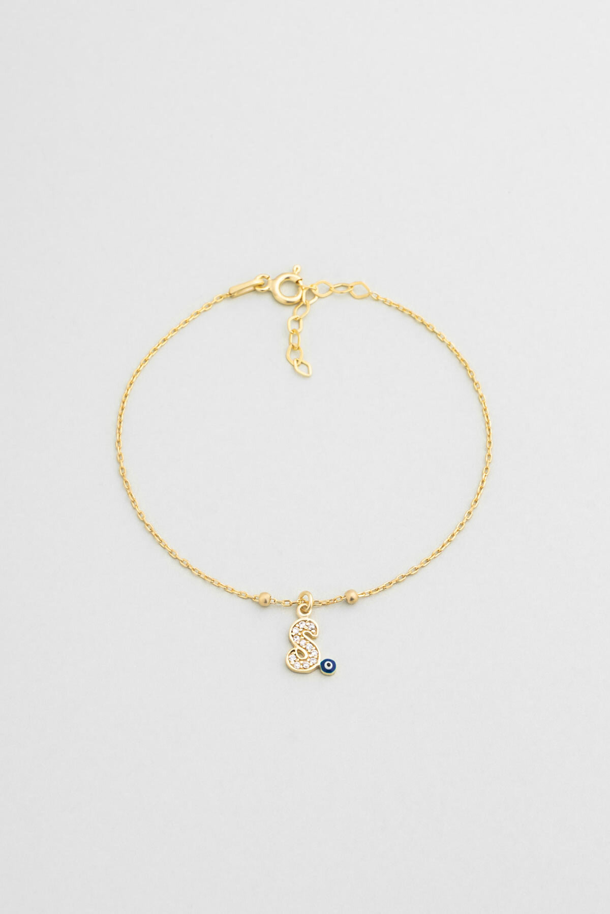 S Harfi 18 Ayar Sarı Altın Kaplama 19 Cm Gümüş Nazar Bileklik