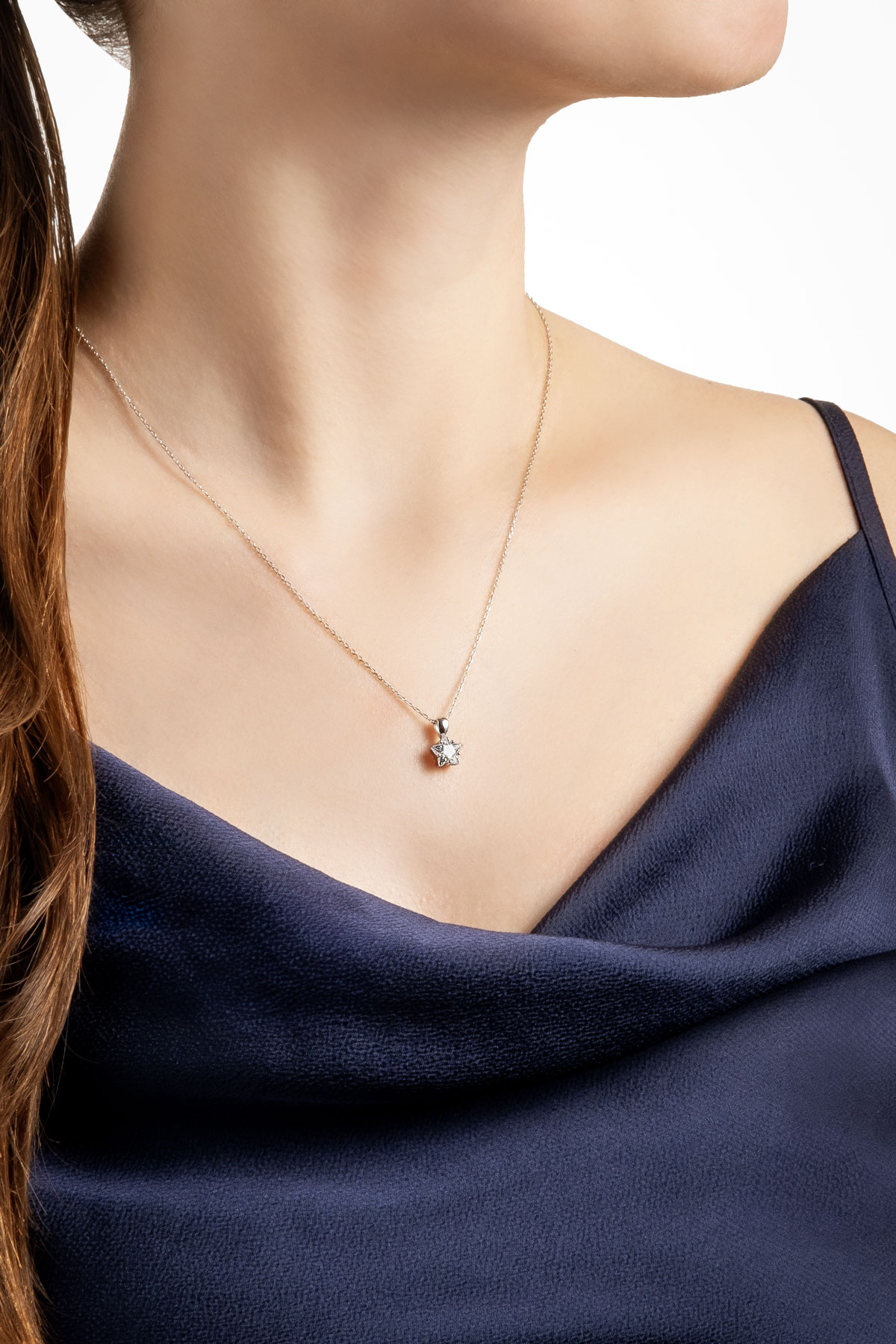 Resim Yıldız Taşlı 18 Ayar Beyaz Altın Kaplama 45 Cm Gümüş Minimal Kolye