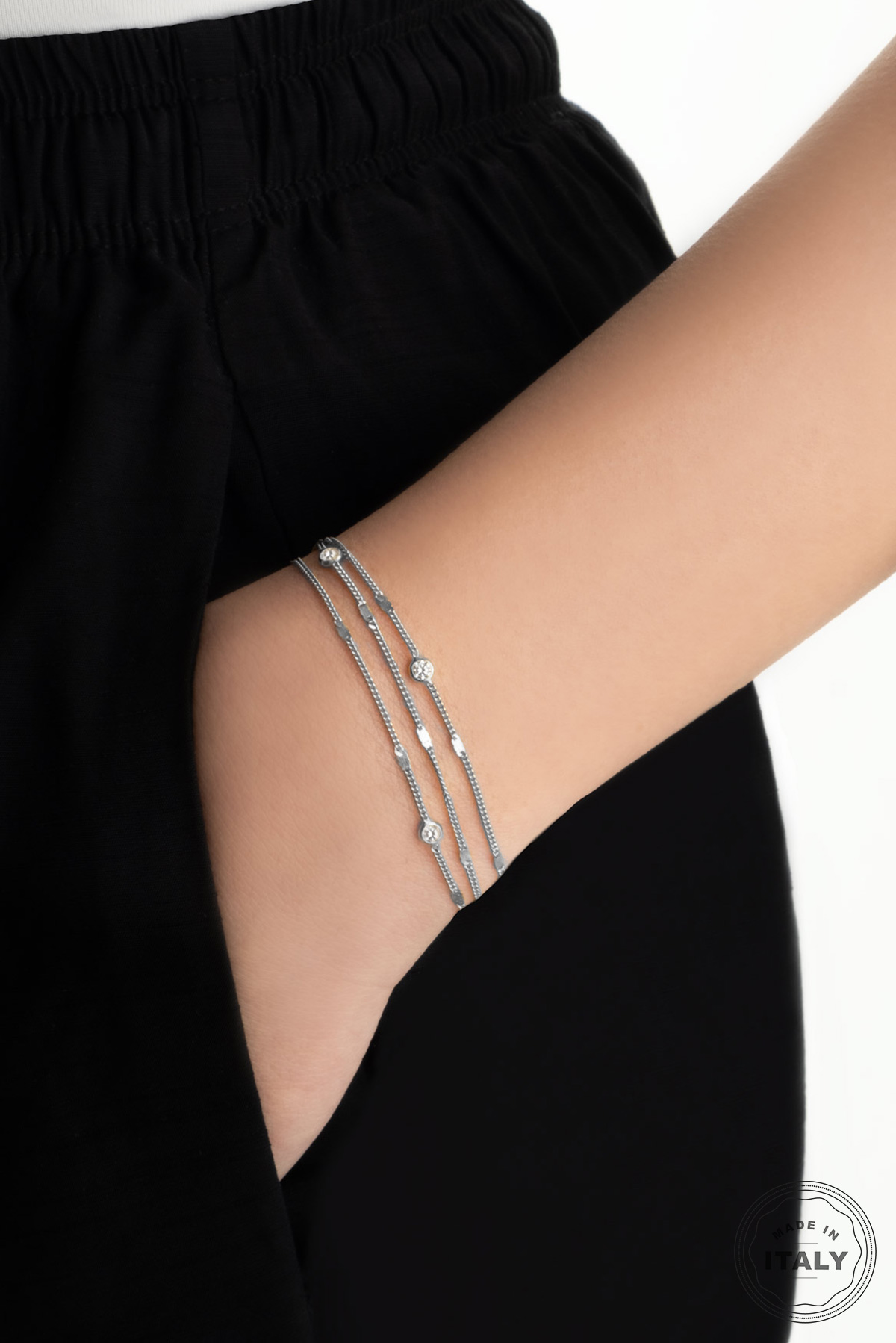 Resim İtalyan 18 Ayar Beyaz Altın Kaplama 19 Cm Gümüş Çoklu Bileklik