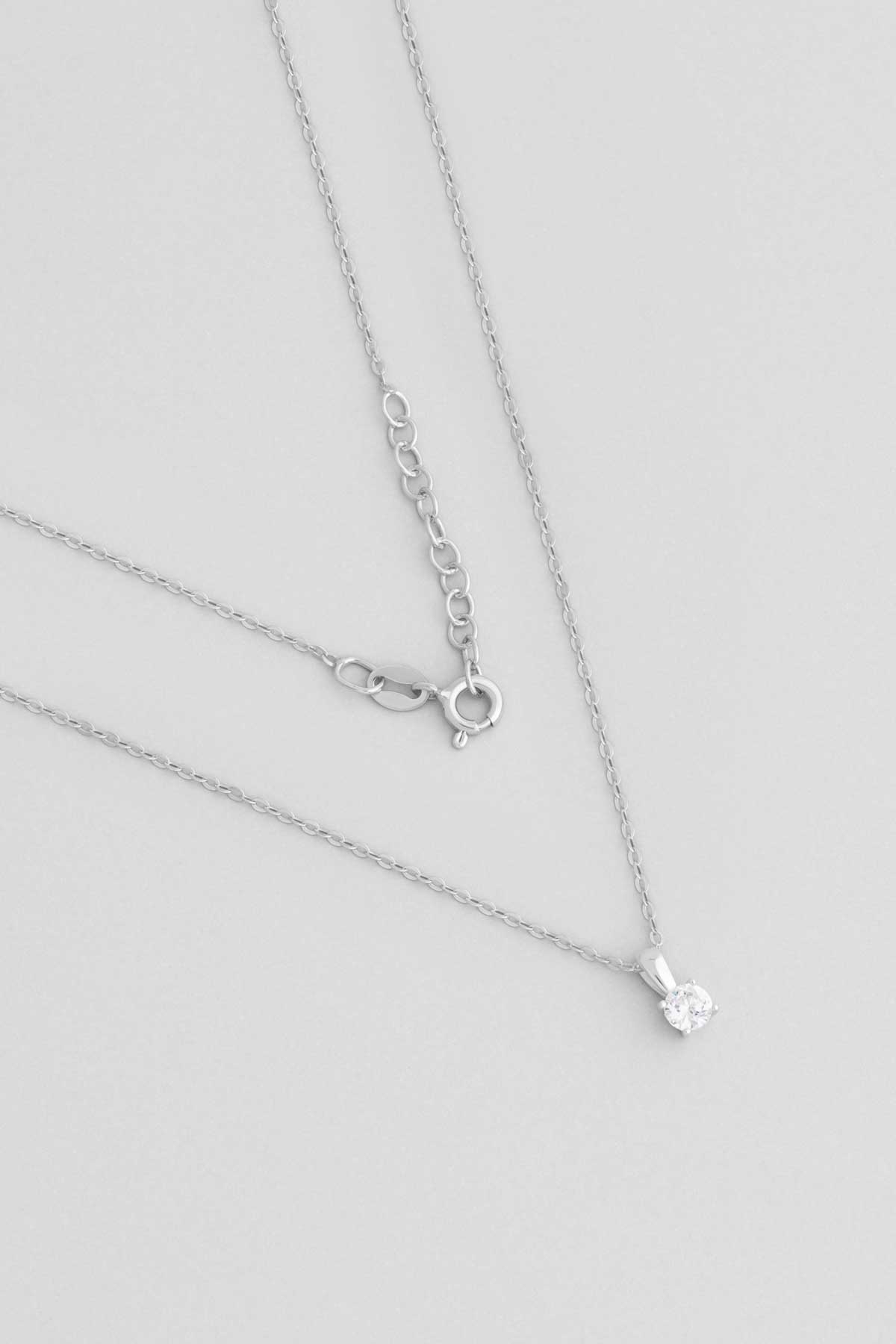 Minimal Taşlı 18 Ayar Beyaz Altın Kaplama 43 Cm Gümüş Tektaş Kolye 5113870199