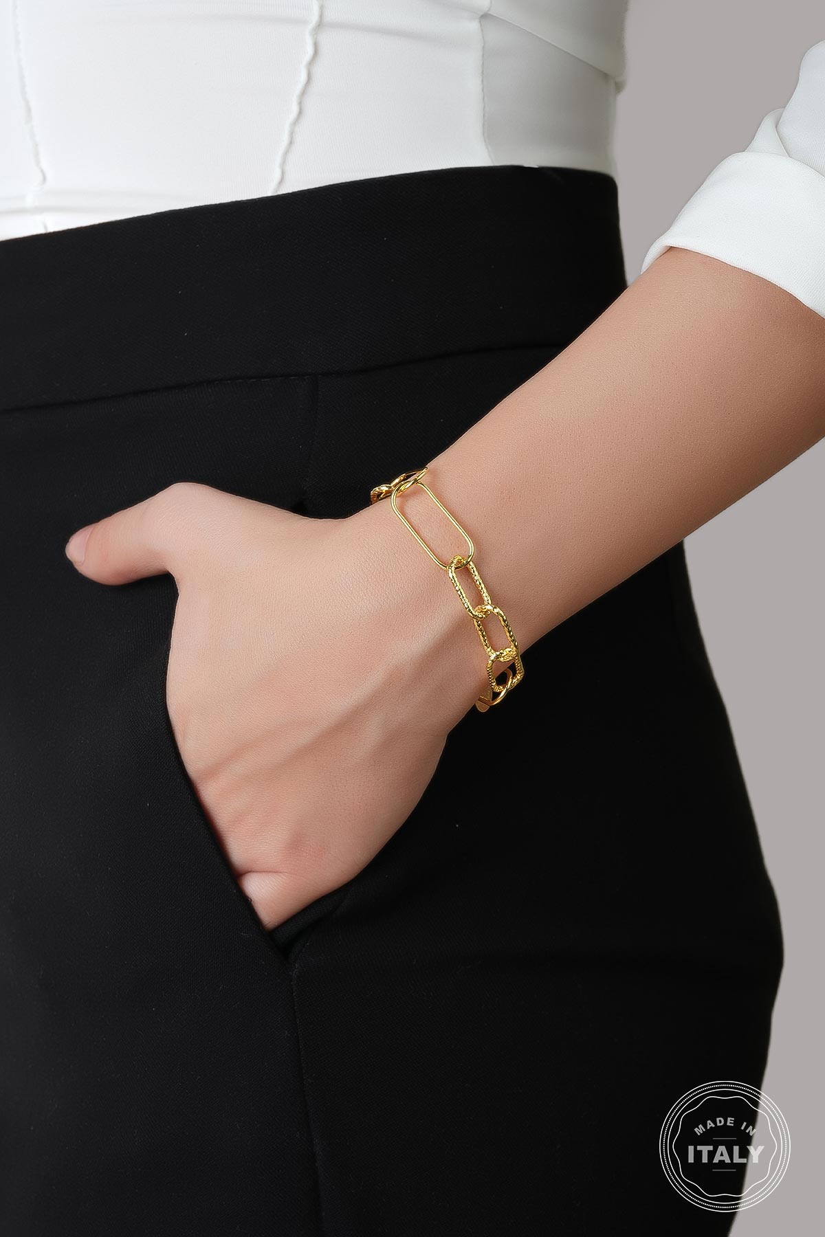 İtalyan Tasarım 18 Ayar Sarı Altın Kaplama 19 Cm Gümüş Tasarım Bileklik 5116514419_3