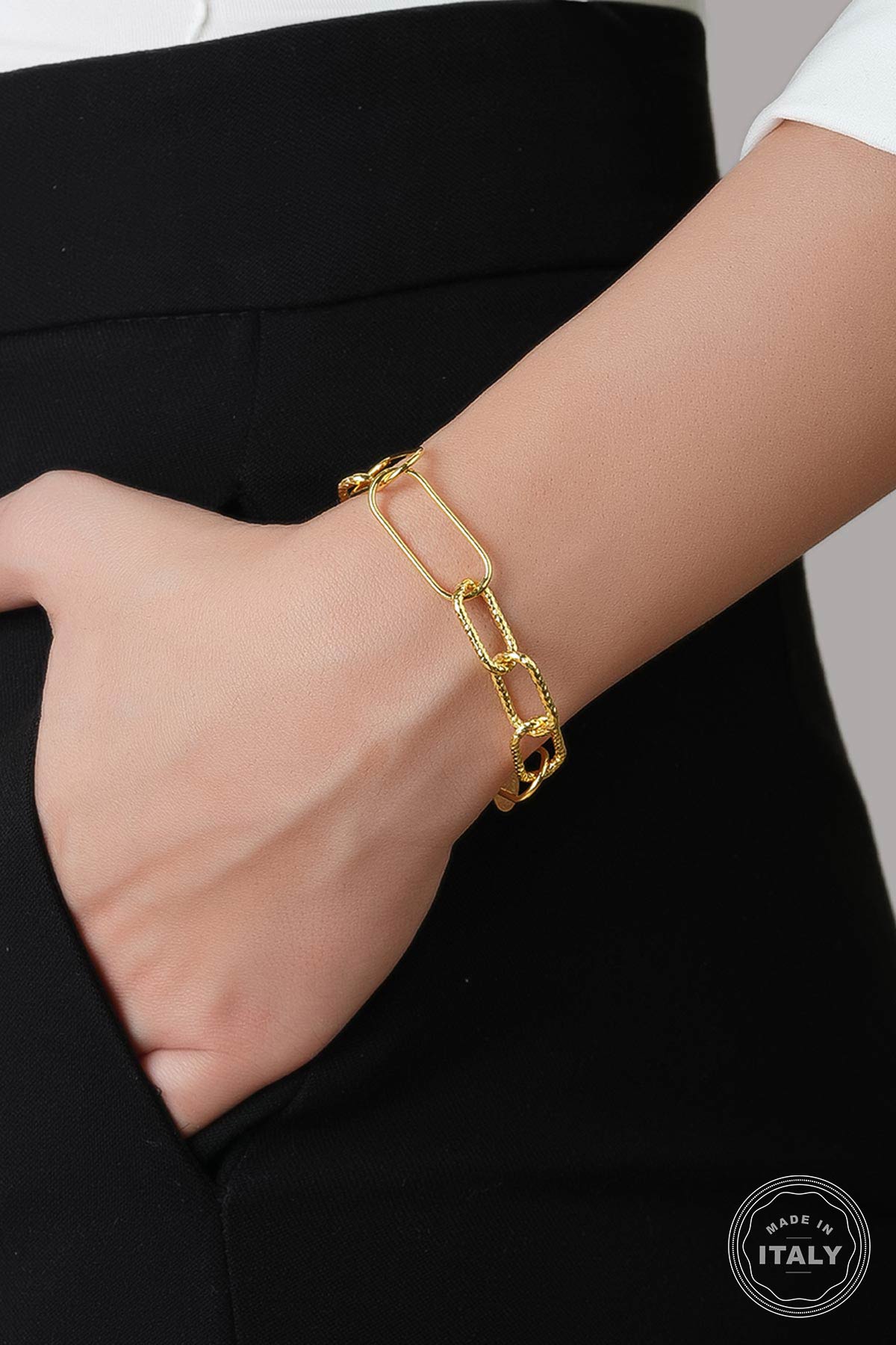İtalyan Tasarım 18 Ayar Sarı Altın Kaplama 19 Cm Gümüş Tasarım Bileklik 5116514419_1