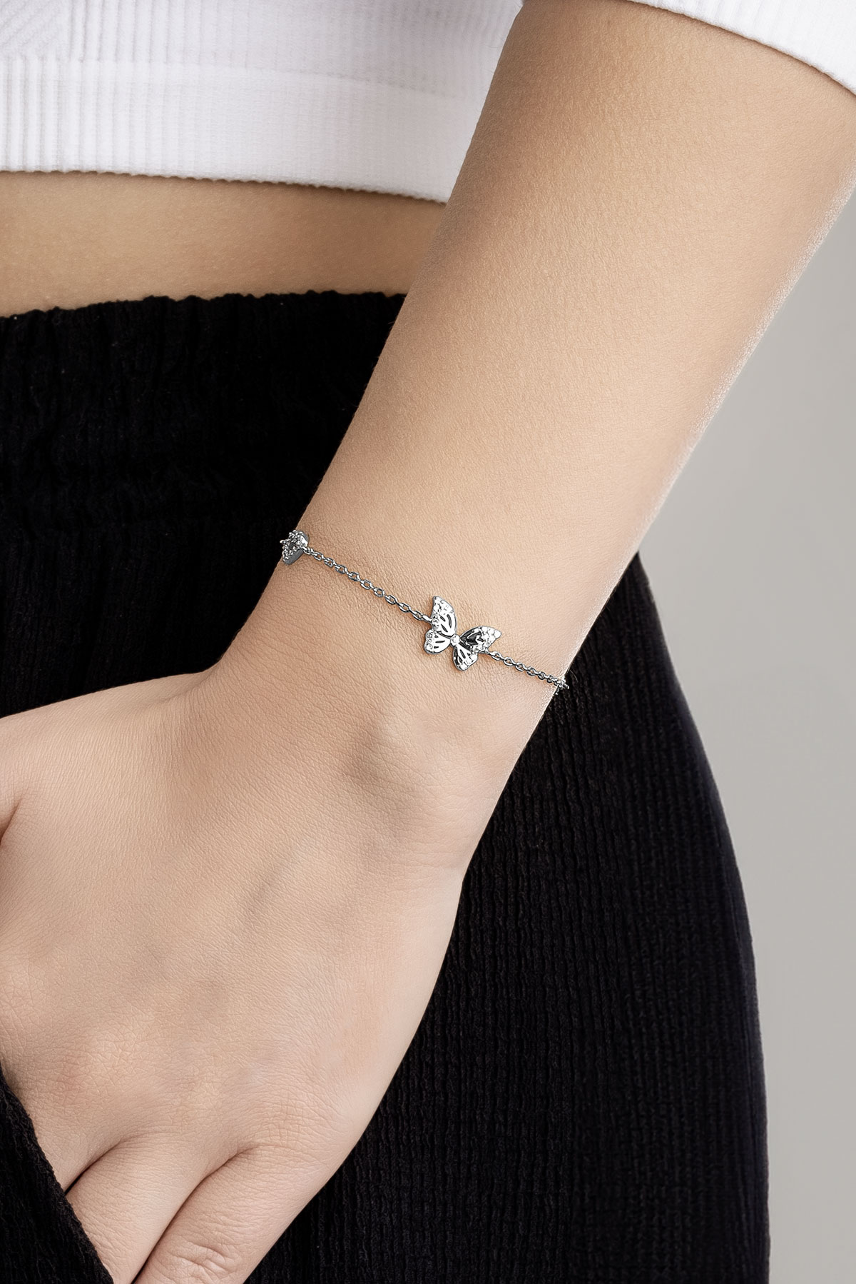 Minik Kelebek 18 Ayar Beyaz Altın Kaplama 19 Cm Gümüş Minimal Bileklik 5124630199_3