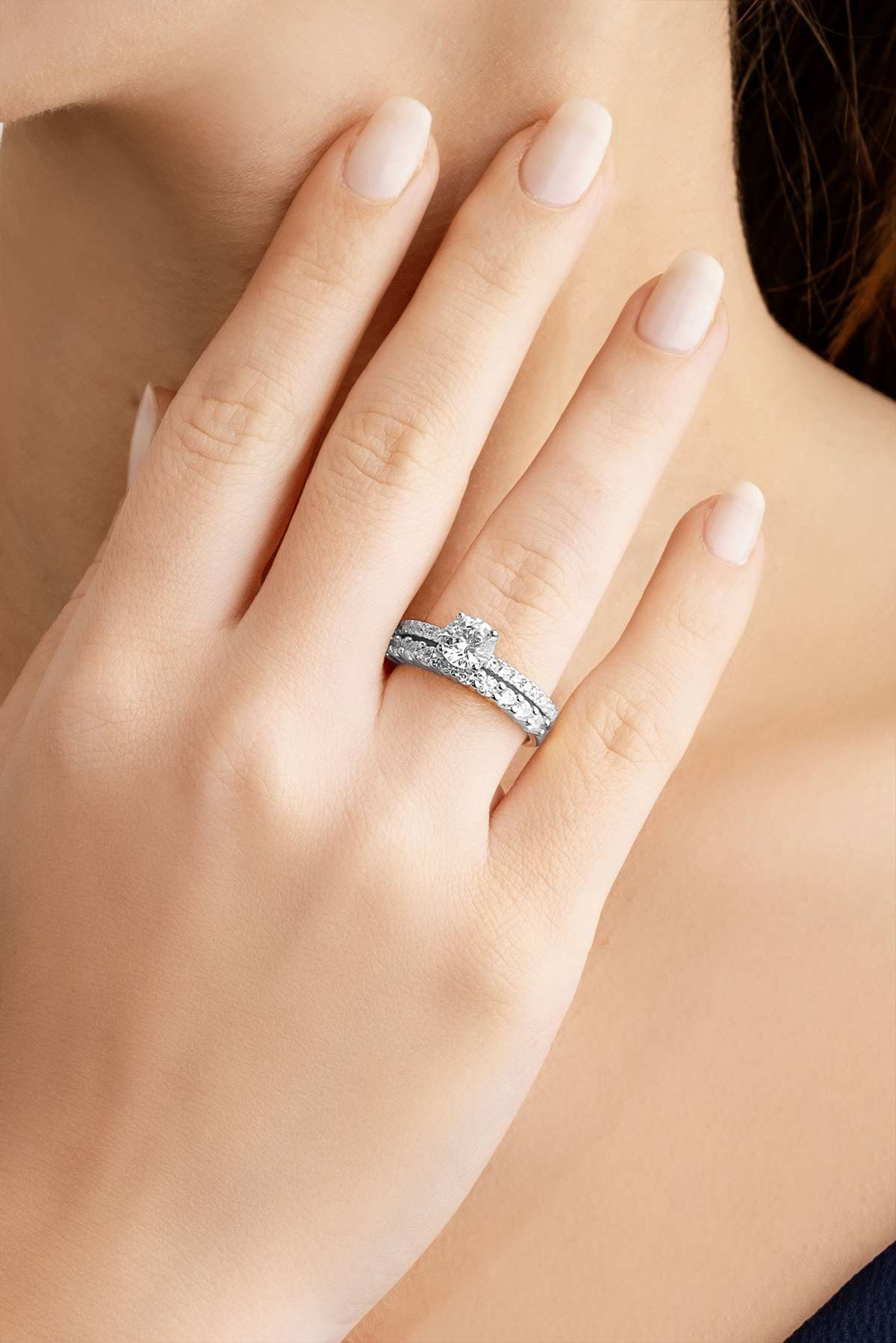 Resim Pure Love 18 Ayar Beyaz Altın Kaplama Gümüş İkili Tektaş Yüzük