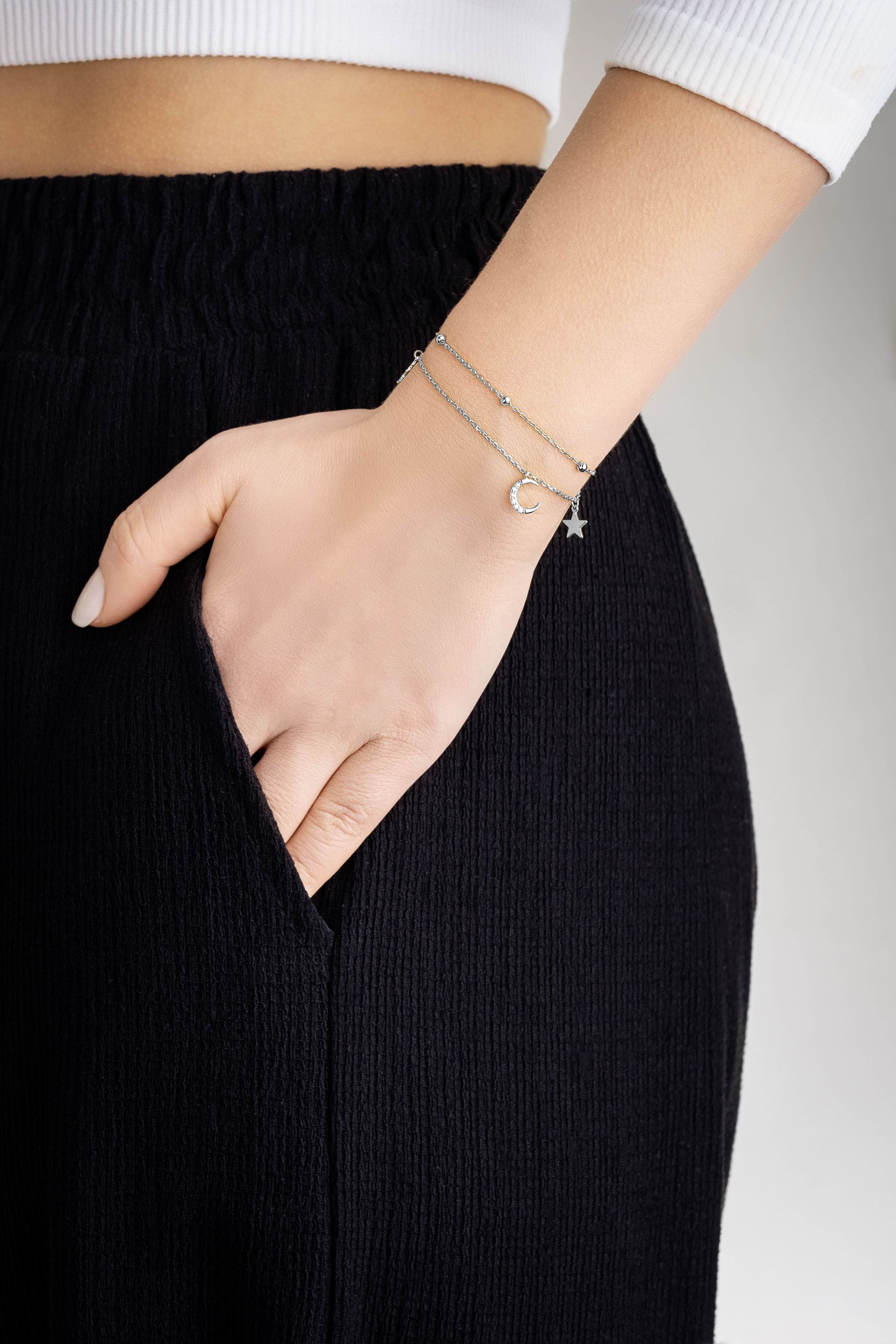 Ay Ve Yıldız 18 Ayar Beyaz Altın Kaplama 19 Cm Gümüş Minimal Bileklik 5138950199_3