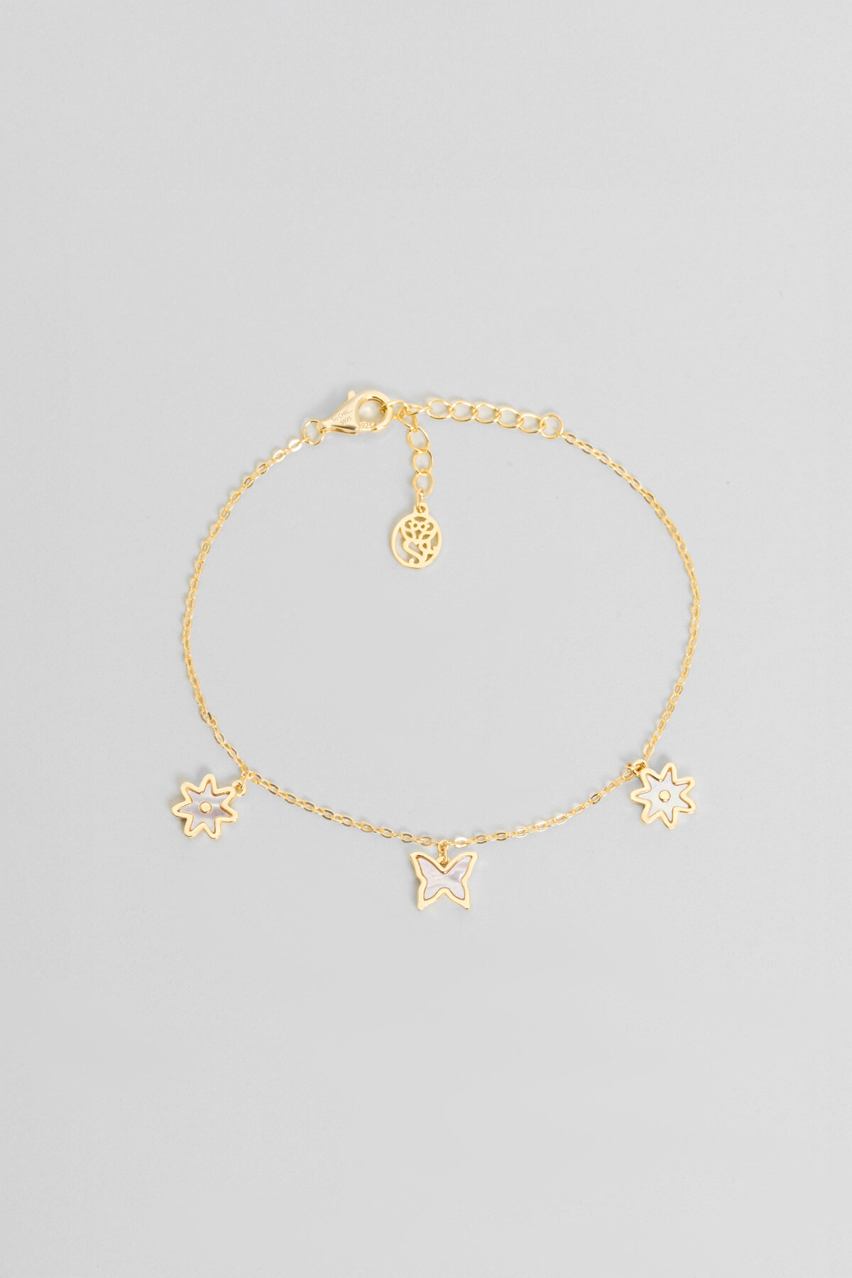 Sedef Çiçeği 18 Ayar Sarı Altın Kaplama 20 Cm Gümüş Minimal Bileklik