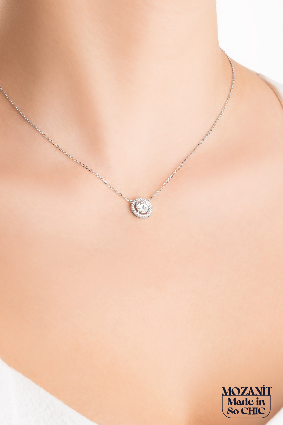 Resim Mozanit Taşlı 18 Ayar Beyaz Altın Kaplama 45 Cm Gümüş Kolye
