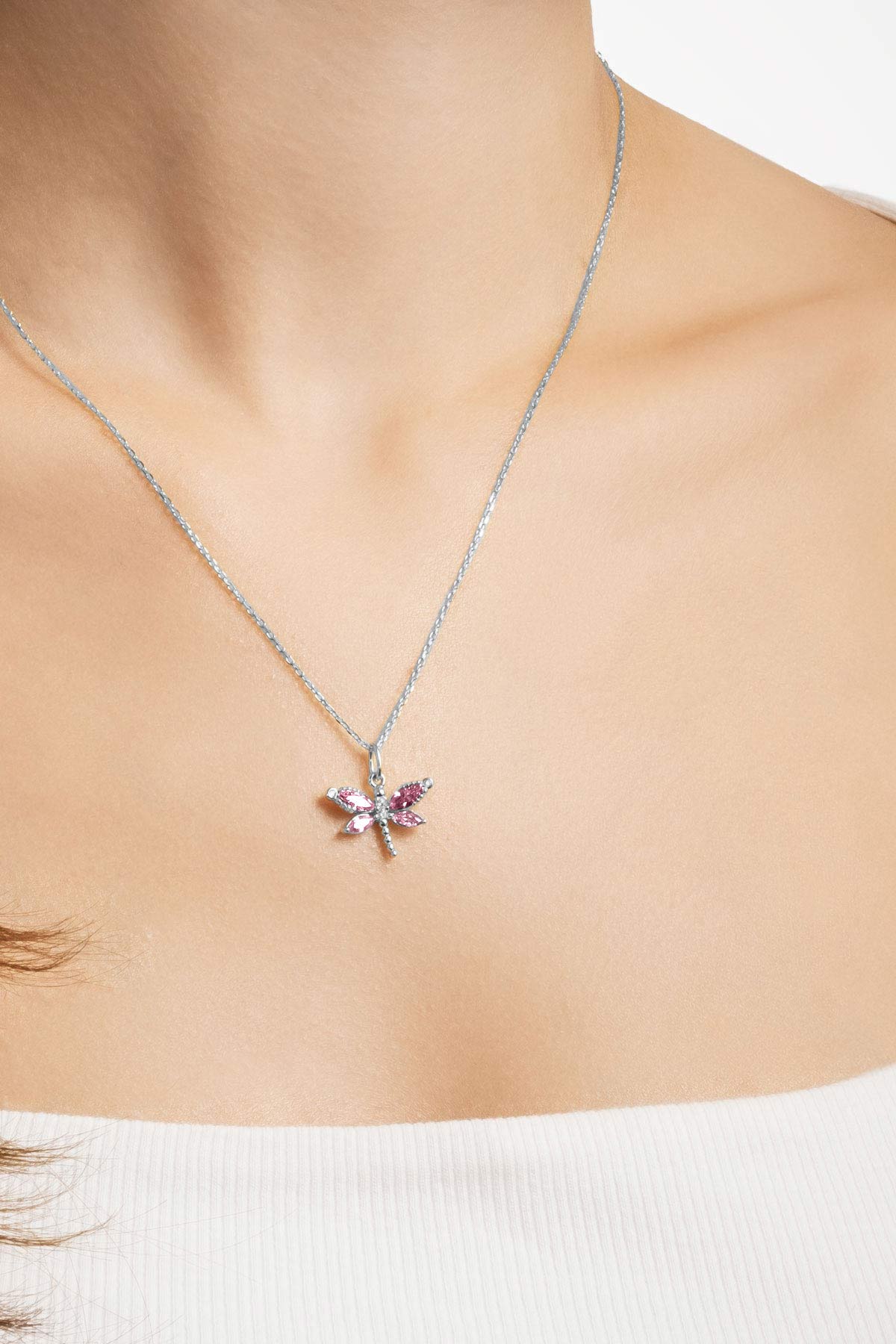 Resim Rüzgarın Arkadaşı 18 Ayar Beyaz Altın Kaplama 45 Cm Gümüş Yusufçuk Kolye



