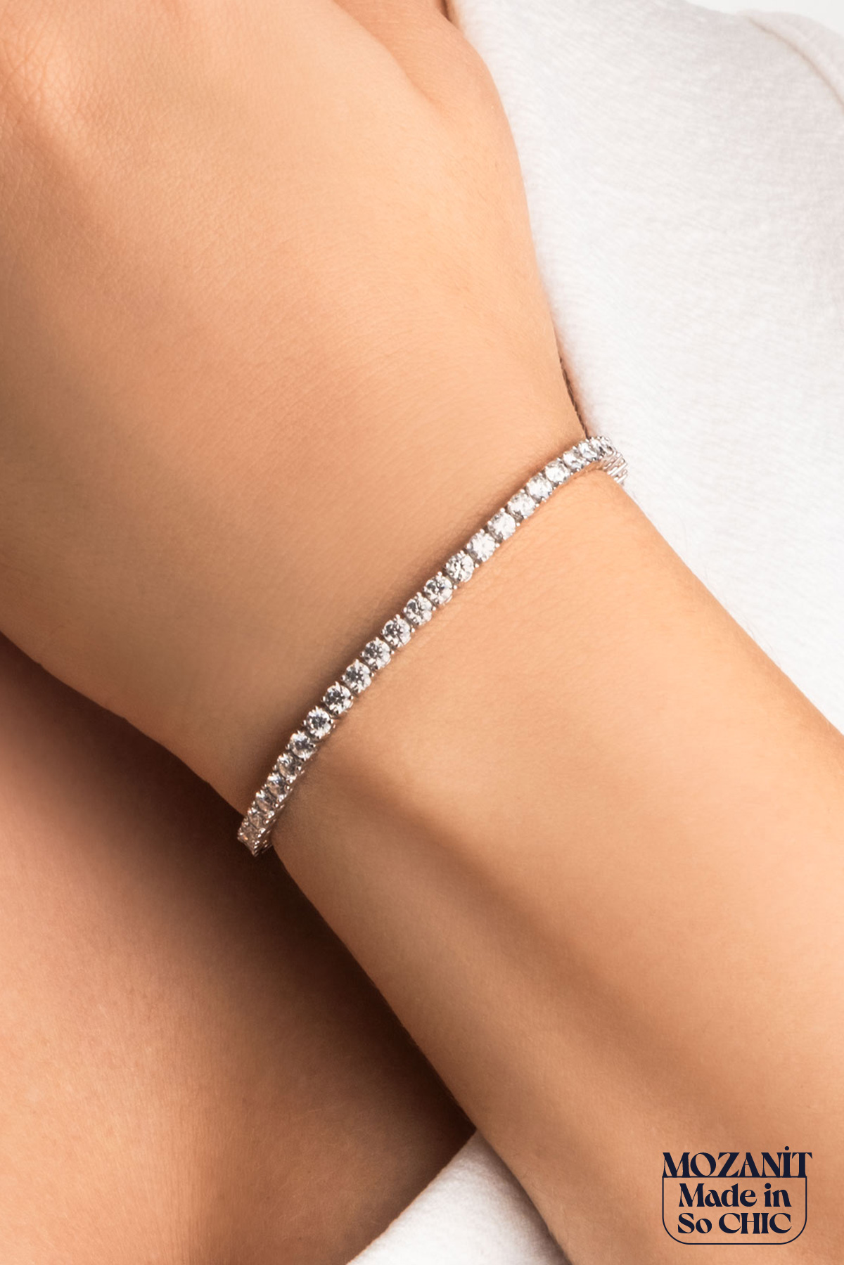 Mozanit Zarafeti 18 Ayar Beyaz Altın Kaplama 17 Cm Gümüş Su Yolu Bileklik 5193119917_1