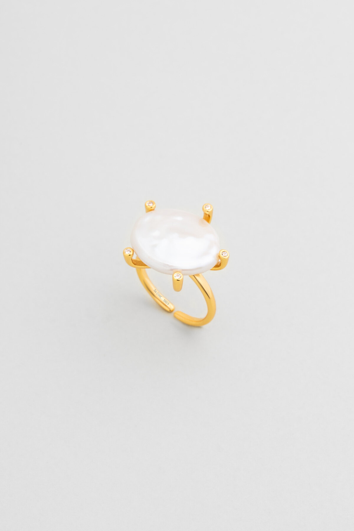 Doğal İnci Taşlı 18 Ayar Sarı Altın Kaplama Ayarlanabilir Gümüş Yüzük