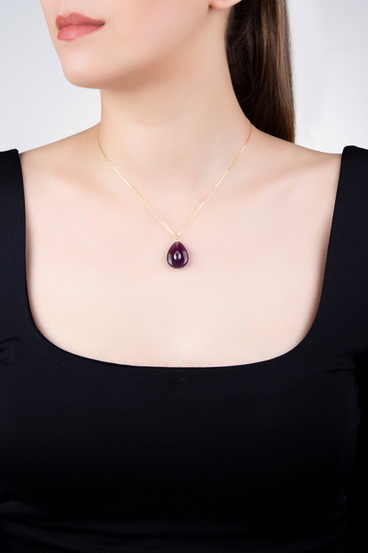 Doğal Ametist Taşlı 18 Ayar Sarı Altın Kaplama 43 Cm Gümüş Kolye