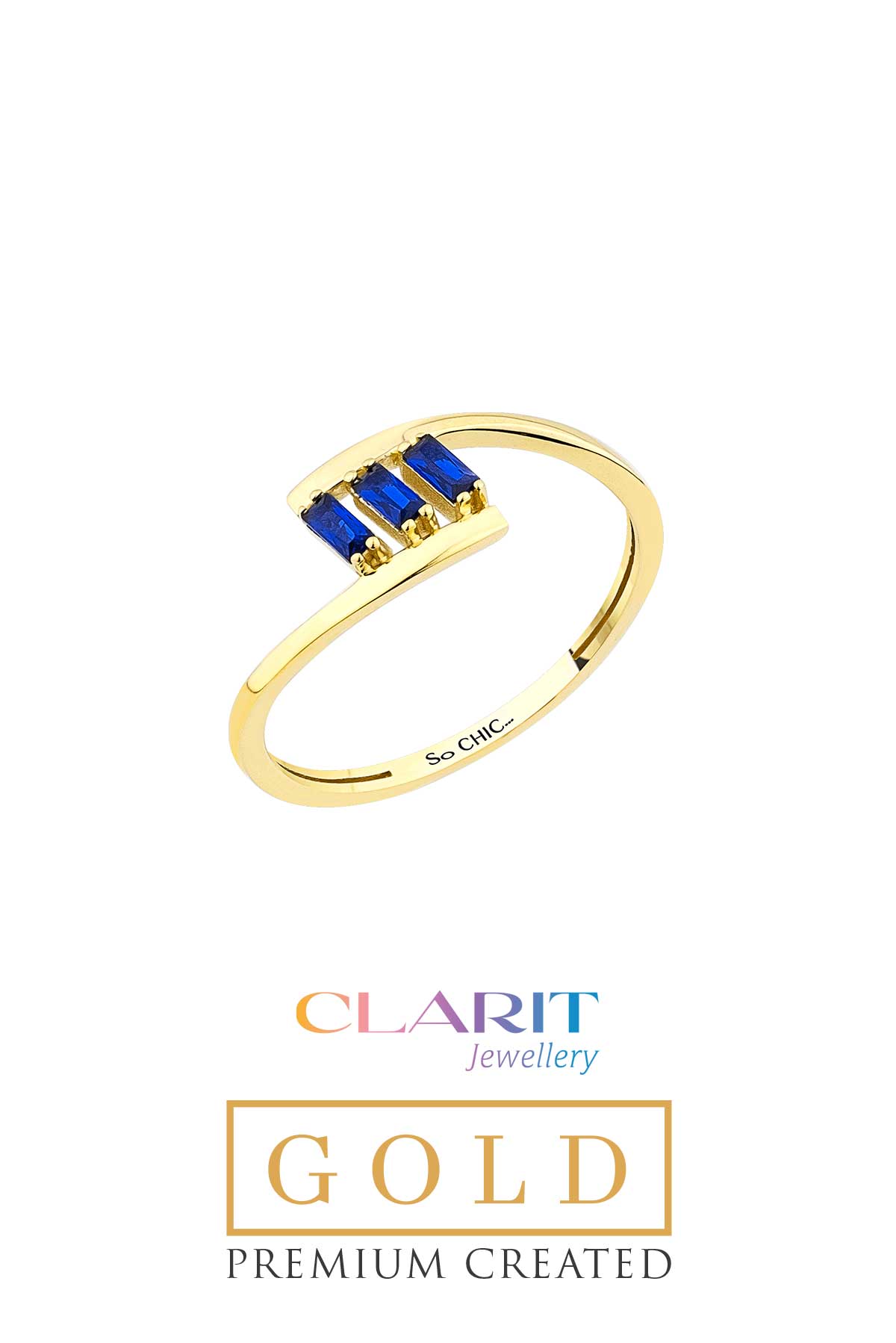 Resim Clarit Jewellery Created Baget Safir Taşlı 14 Ayar Sarı Altın Yüzük