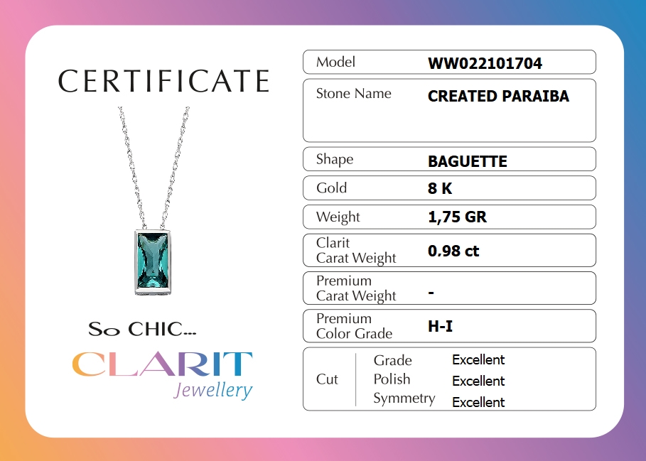 Resim Clarit Serisi Created Paraiba Taşlı 8 Ayar Beyaz Altın Baget Kolye