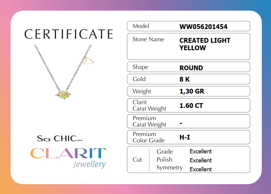 Resim Created Light Yellow Canary Taşlı Clarit Serisi 14 Ayar Beyaz Altın Kolye