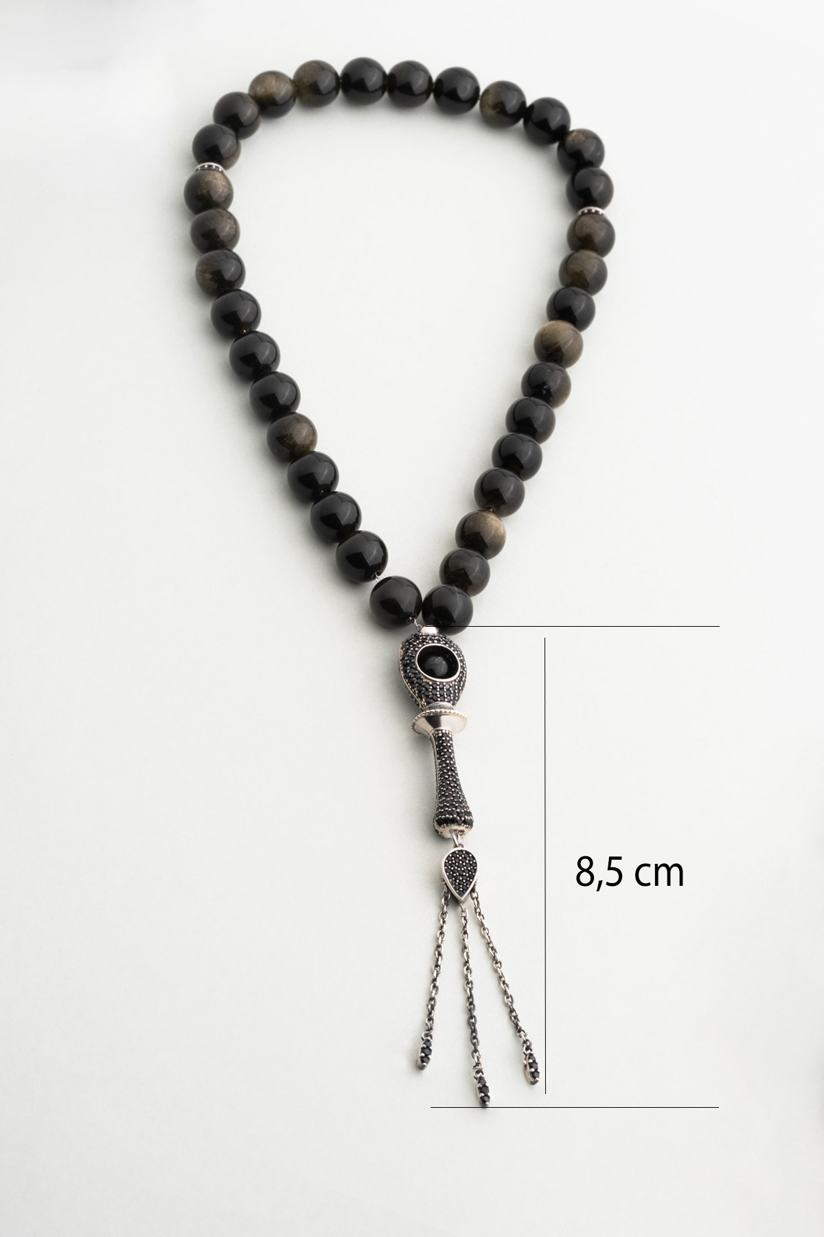 Doğal Golden Onix Taşlı 18 Ayar Beyaz Altın Kaplama 22 Cm Gümüş Tesbih F56599999_2