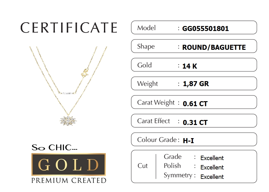 Resim Sarı Altın Sertifikalı Premium Created Taşlı Çiçek Figürlü Baget Kolye