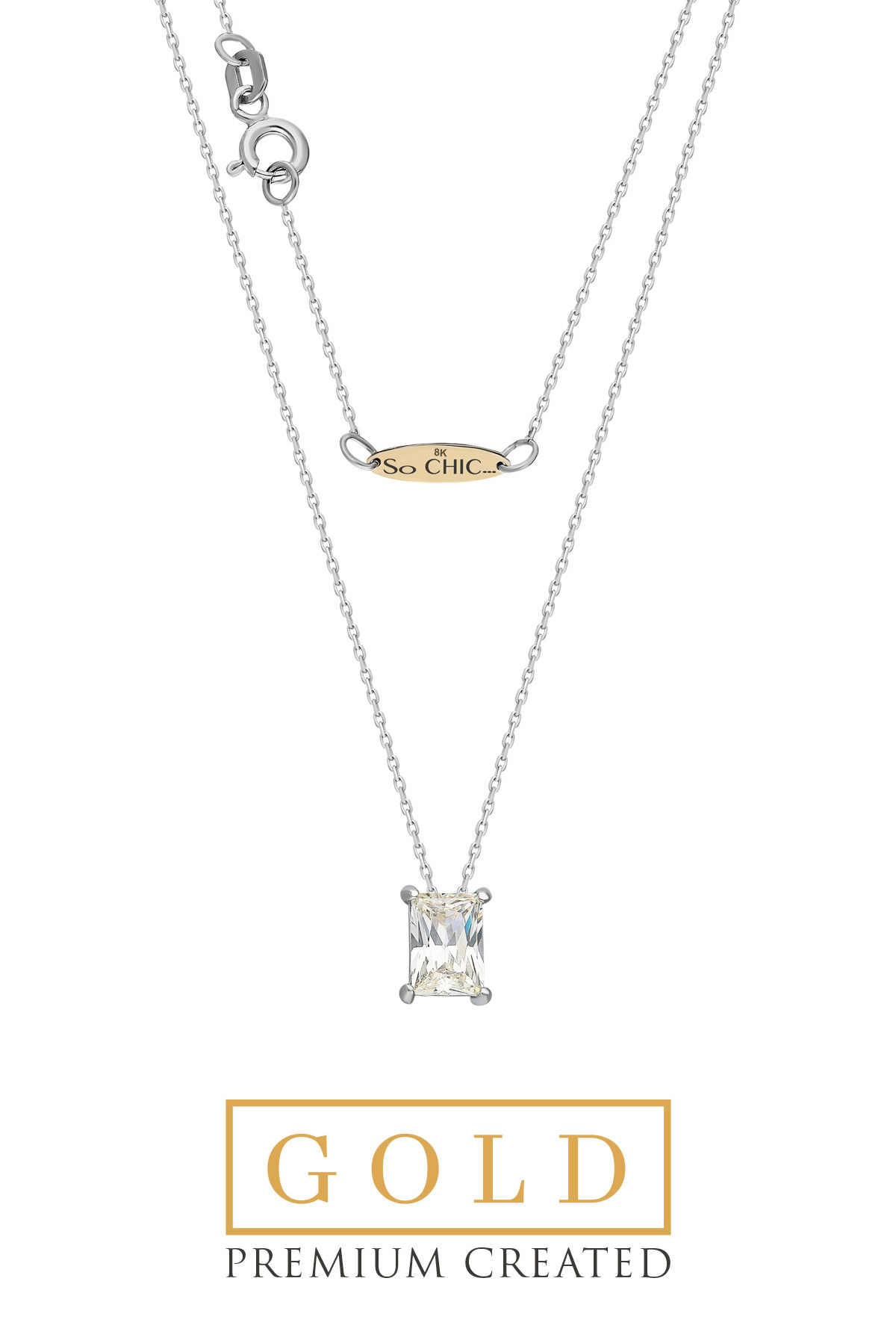 Resim Beyaz Altın Sertifikalı Premium Created 0.85 Ct Effect Baget Tektaş Kolye
