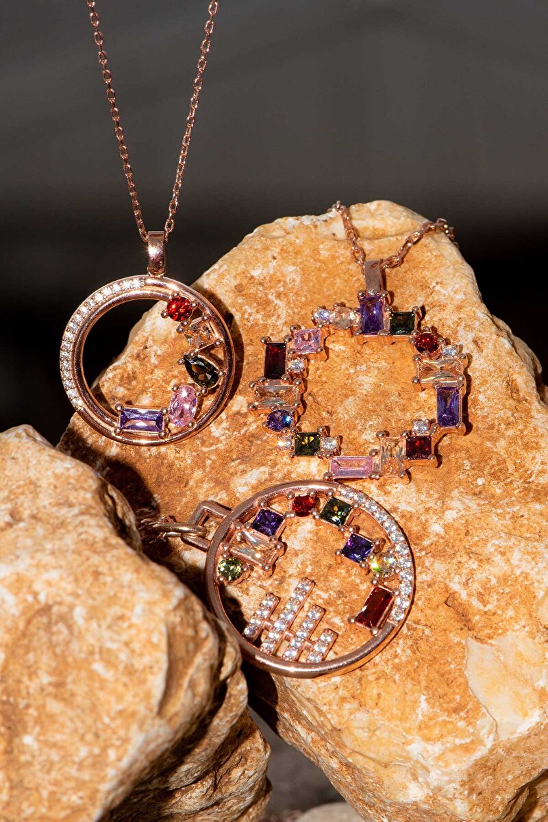 Renkli Baget Taşlı 18 Ayar Rose Altın Kaplama 65 Cm Gümüş