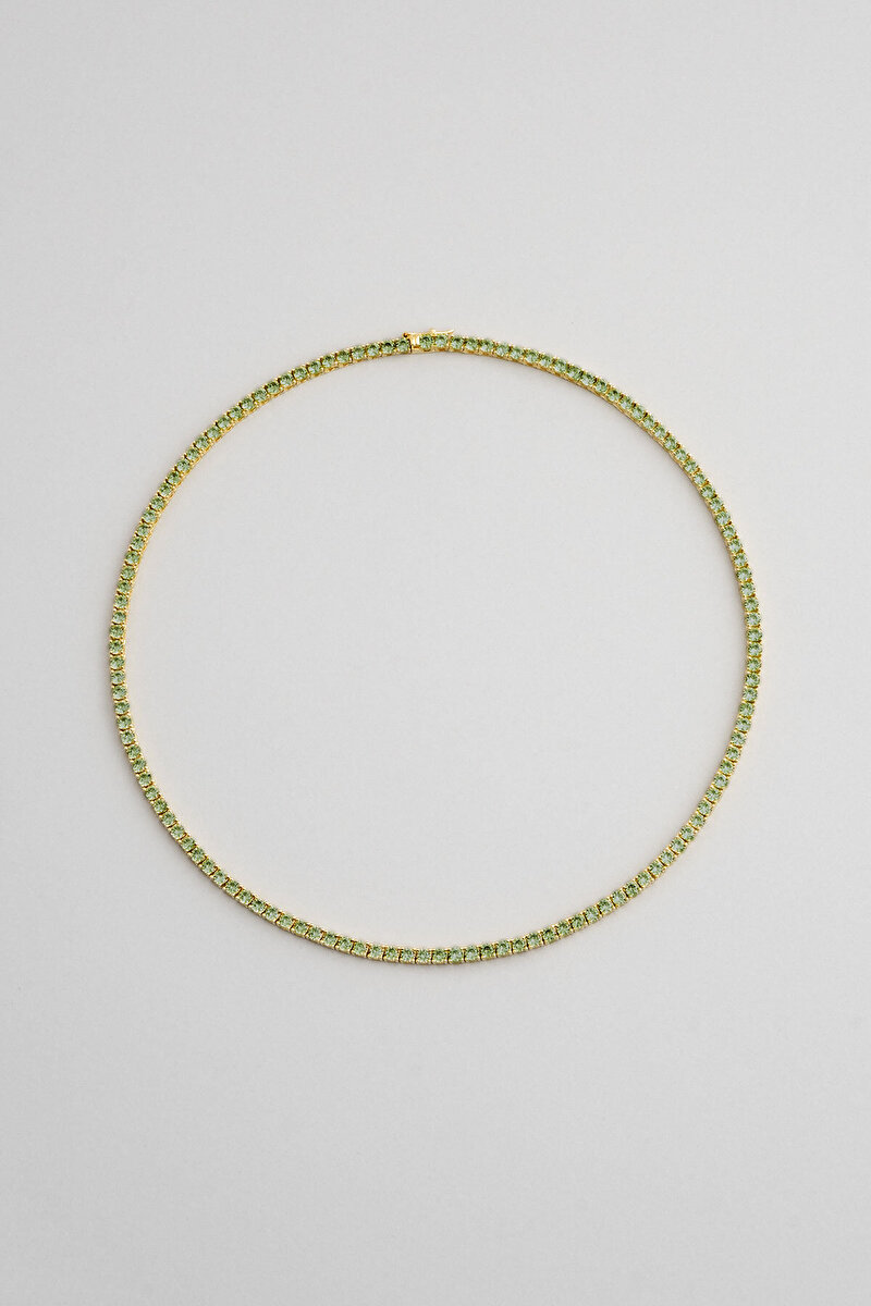 Yeşil Taşlı 18 Ayar Sarı Altın Kaplama 42 Cm Gümüş Su Yolu Kolye 5154150444