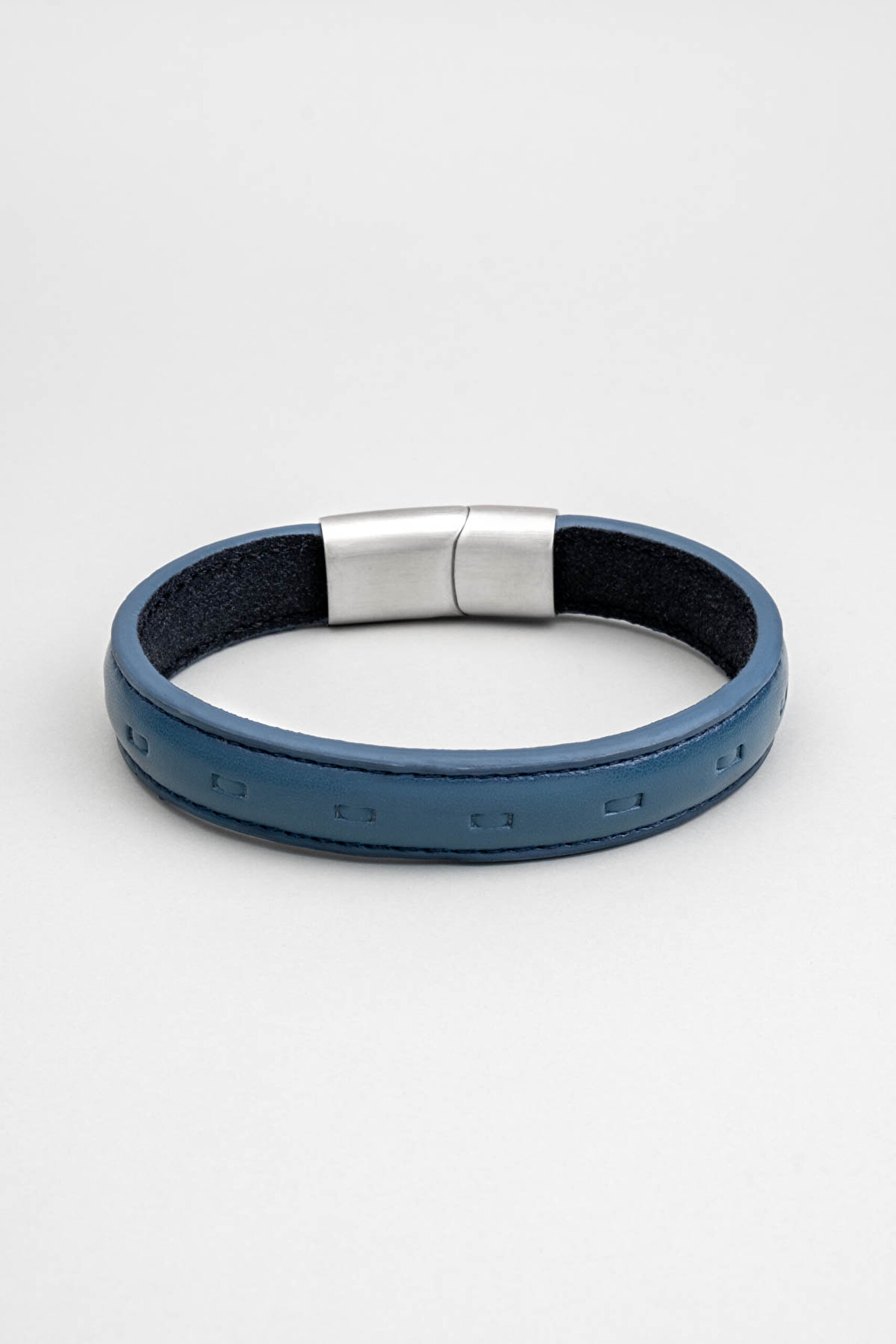 Mavi Vegan Deri Erkek Çelik Bileklik