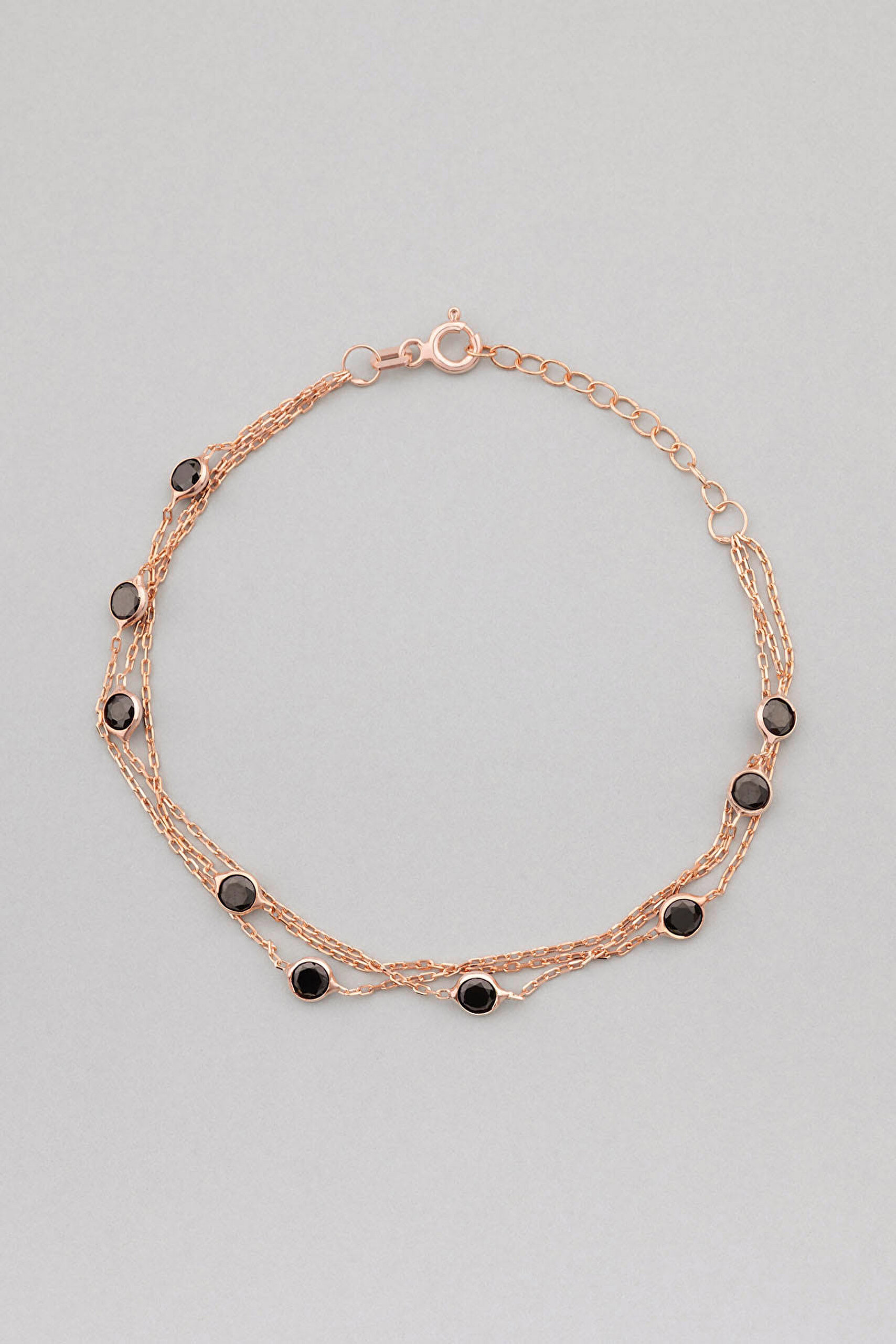⁠ Üç Sıra Zirkon Taşlı 18 Ayar Rose Altın Kaplama 19 Cm Gümüş Bileklik_4}