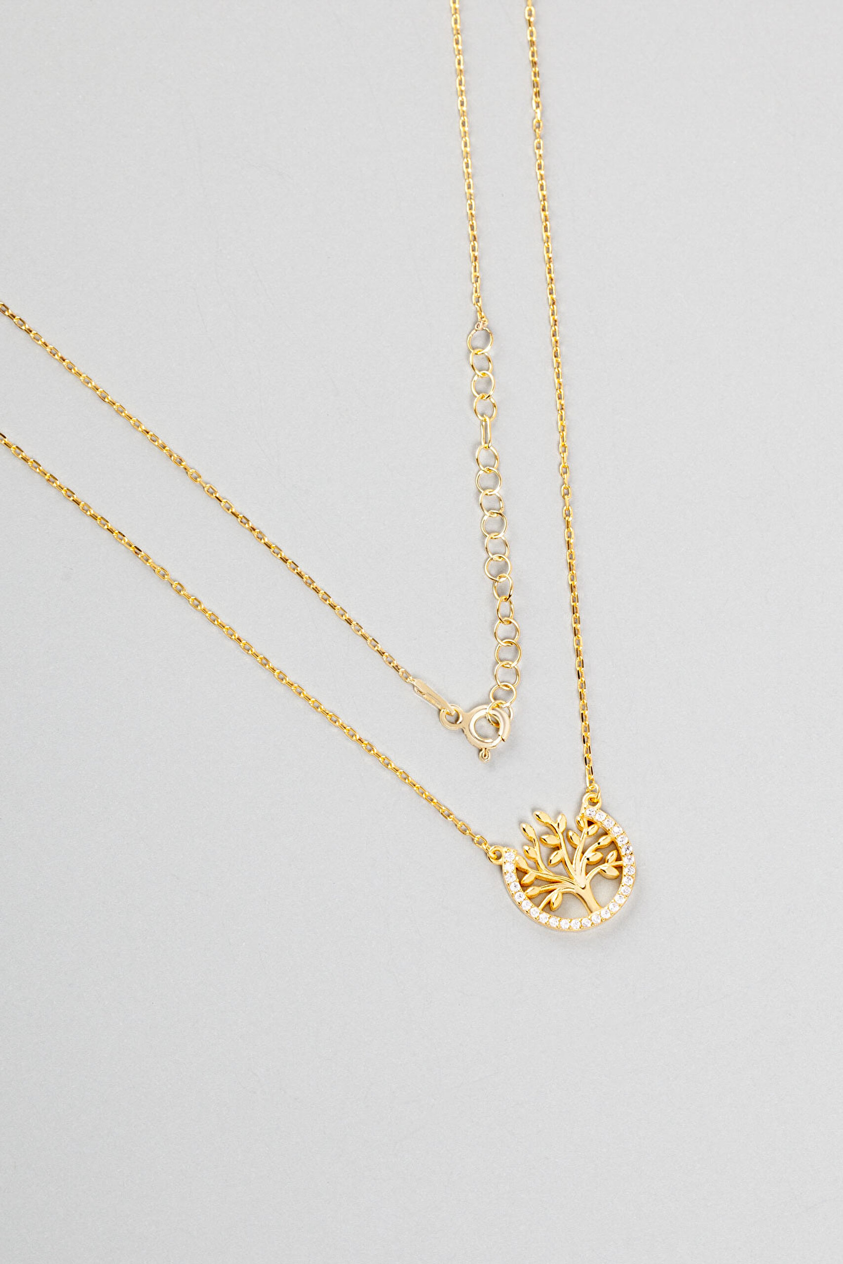 Hayat Ağacı Figürlü 18 Ayar Sarı Altın Kaplama Taşlı Gümüş Kolye